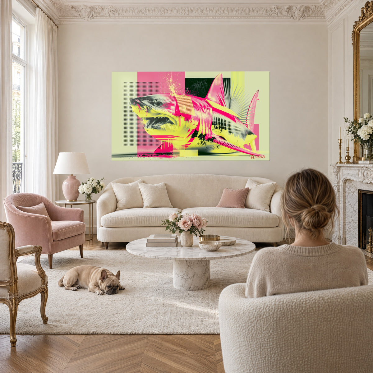 Tableau requin graphique rose fuchsia et jaune citron, mâchoire ouverte, bulldog couché, au-dessus d'un canapé dans un salon lumineux