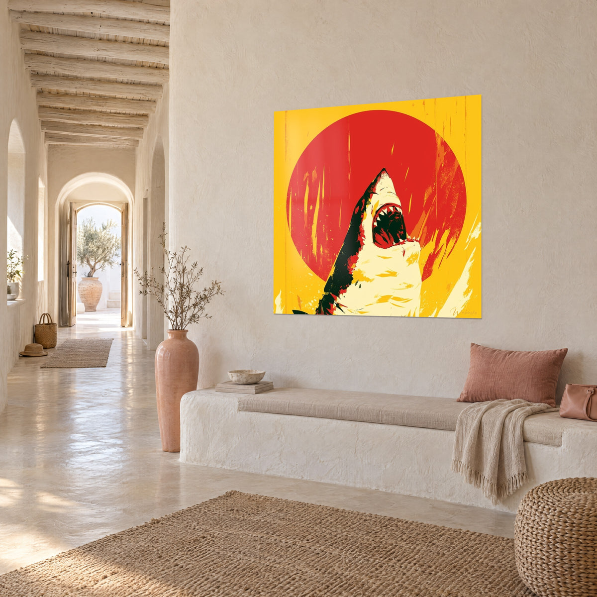 Schilderij van een zwart-witte haai die uit een scharlakenrode zon opduikt op een saffraangele achtergrond, gepleisterde muur, gewelfde gang