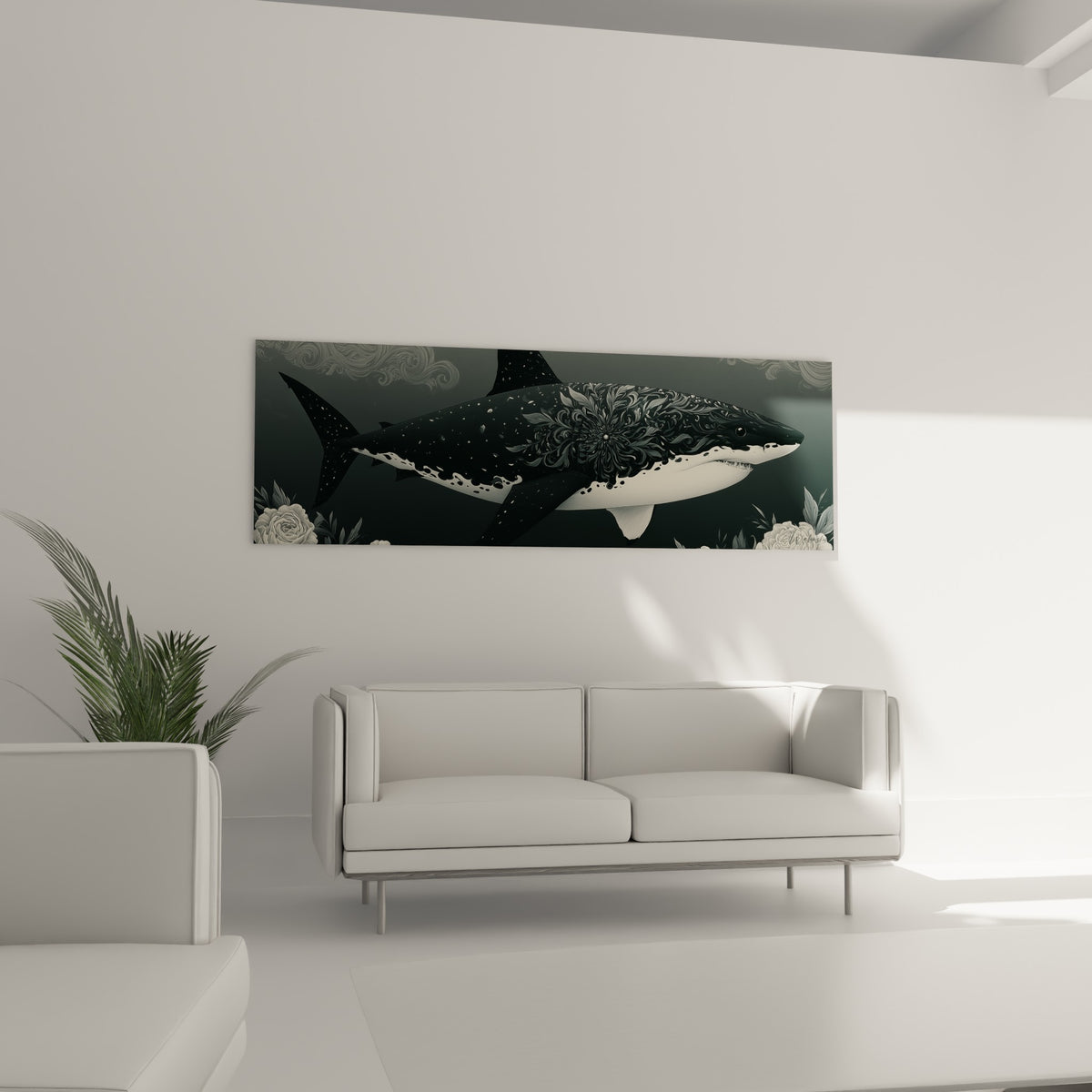Mandala floral noir et blanc sculptant le corps du requin, disposé au-dessus d'un canapé dans un salon lumineux