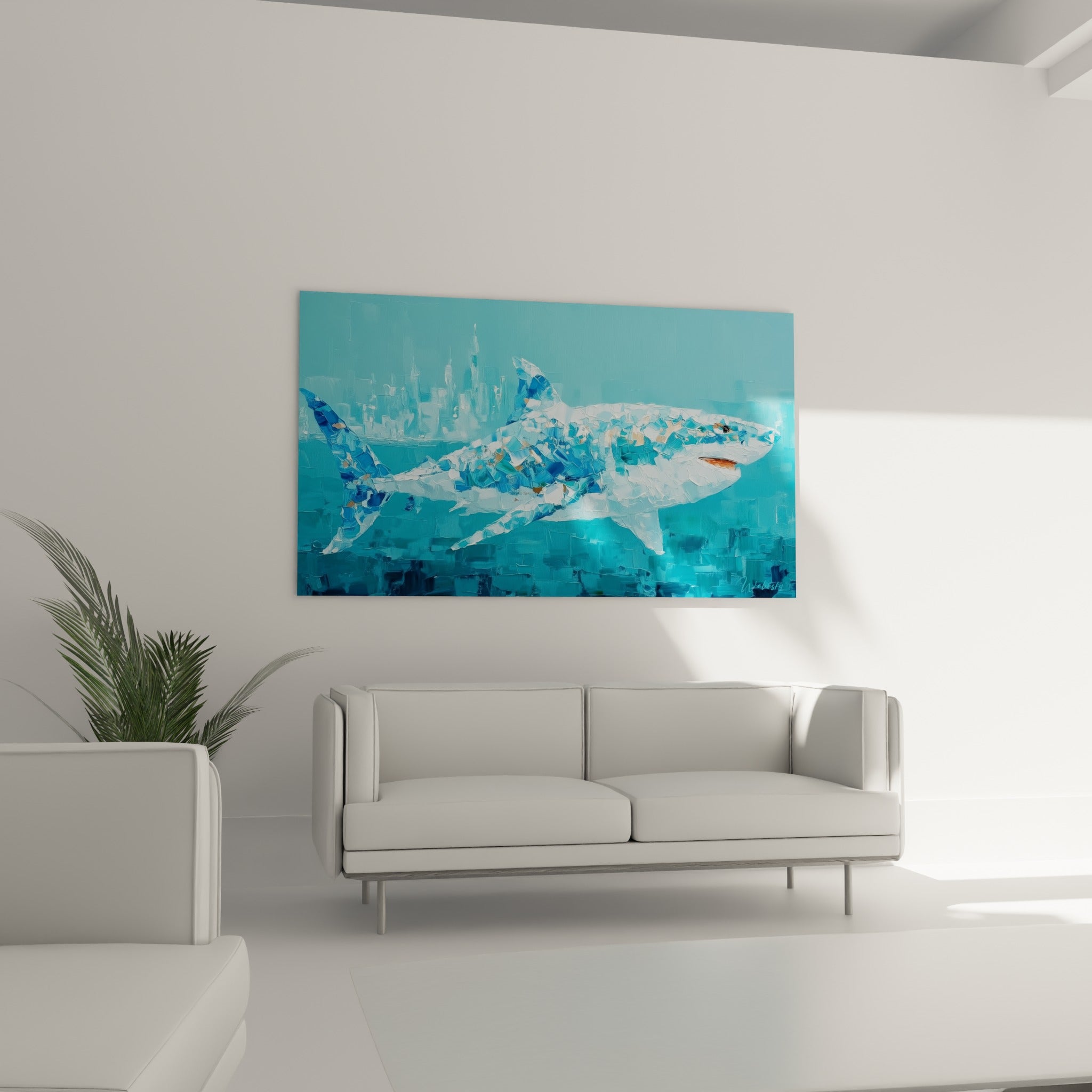 Nage paisible du requin aux teintes bleu marine et ocre, au-dessus d'un canapé dans un salon lumineux