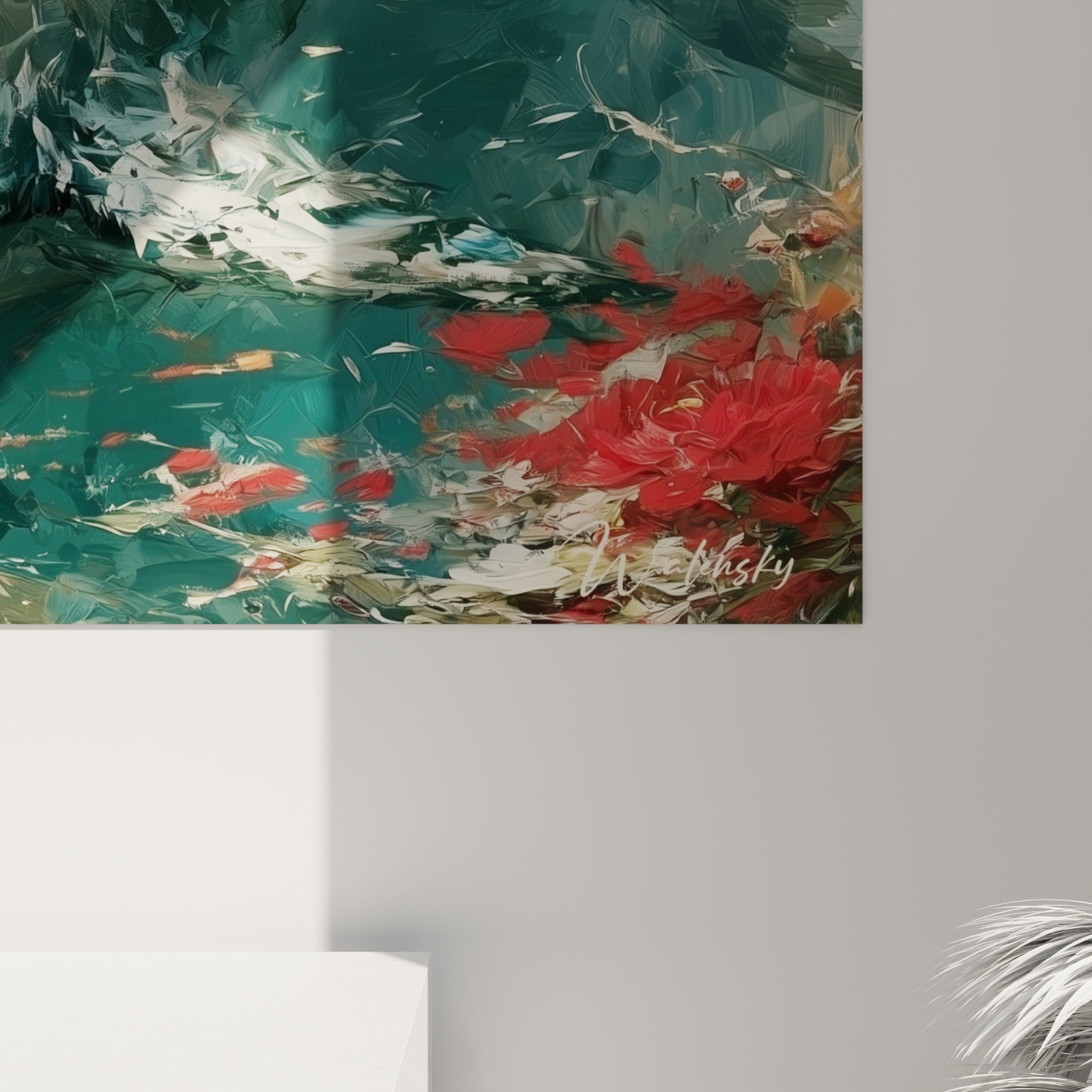 Matière épaisse du requin en gros plan, empâtements blancs et coulures bleu turquoise mêlées au rouge corail