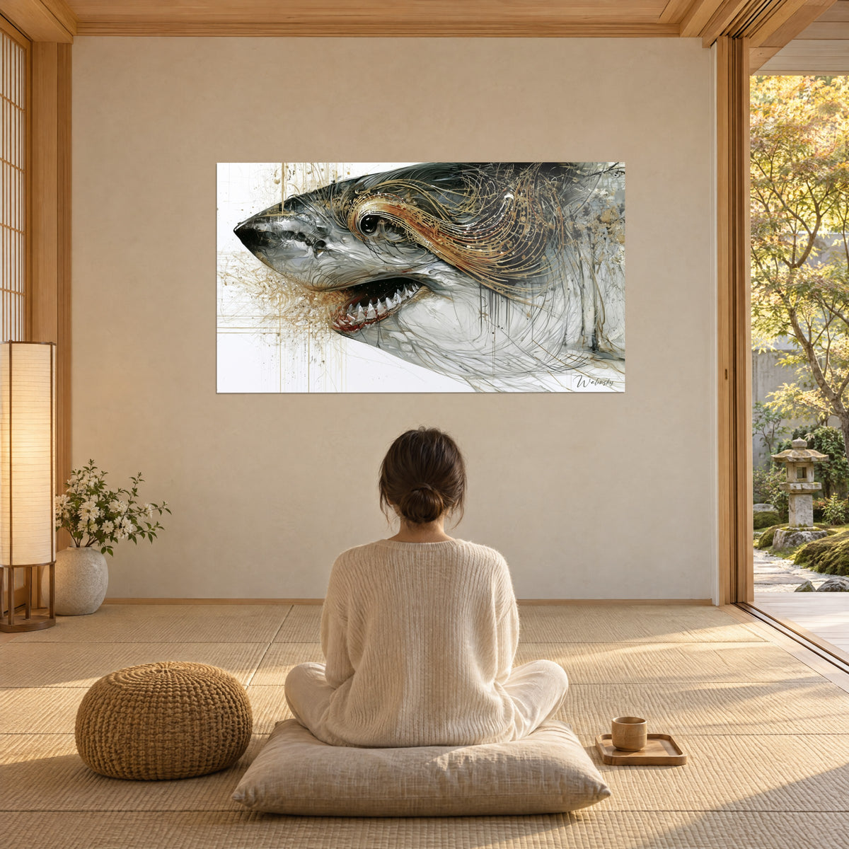 Schilderij grote witte haai met gouden en grafietkleurige arabesken, halfopen bek, een persoon van achteren zittend op een kussen voor een zen-tuin