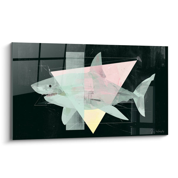 Tableau Requin menthe et rose aux triangles géométriques - Silhouette en suspension - Edition Requin