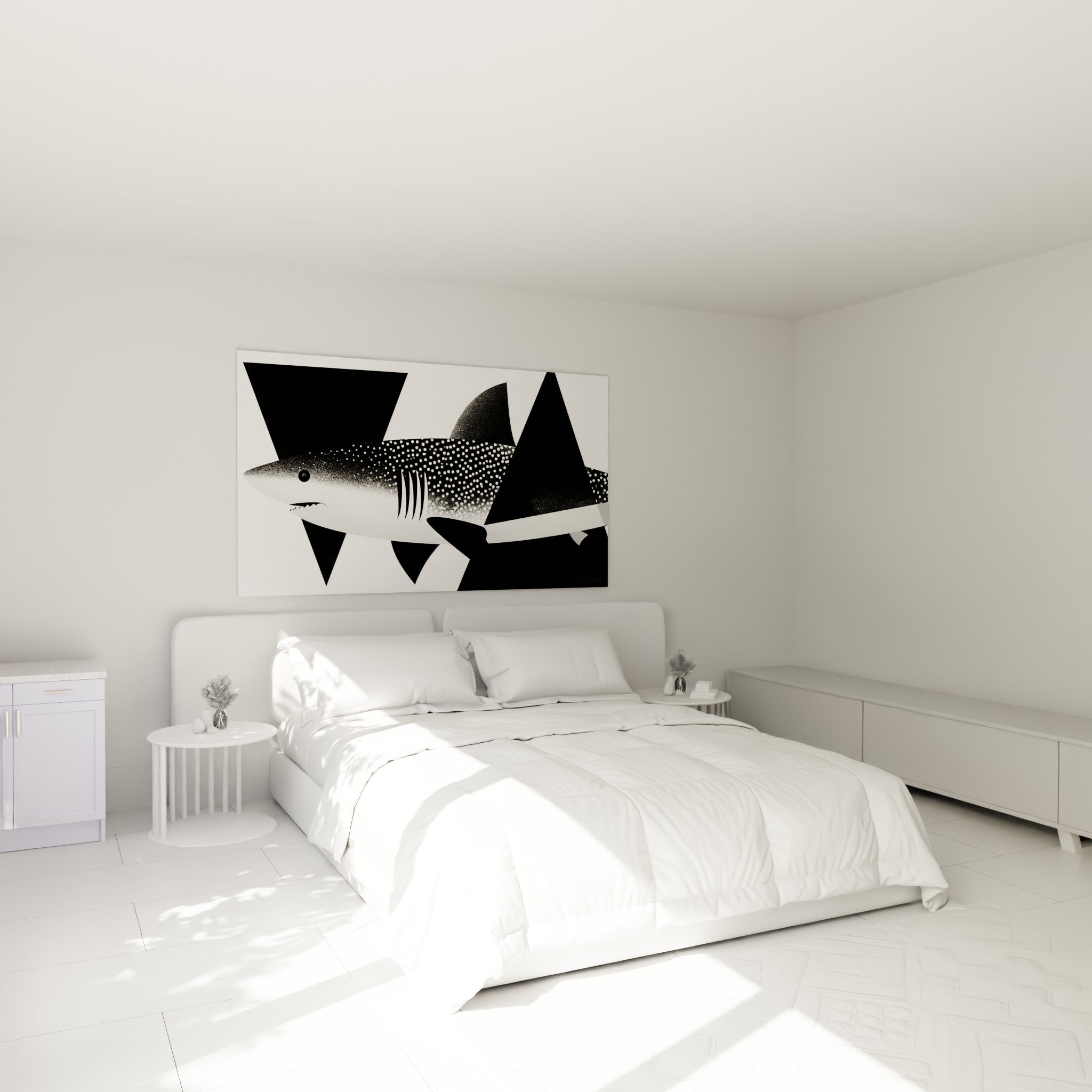 Requin graphique noir et blanc aux dents apparentes accroché au-dessus d'un lit dans une chambre claire