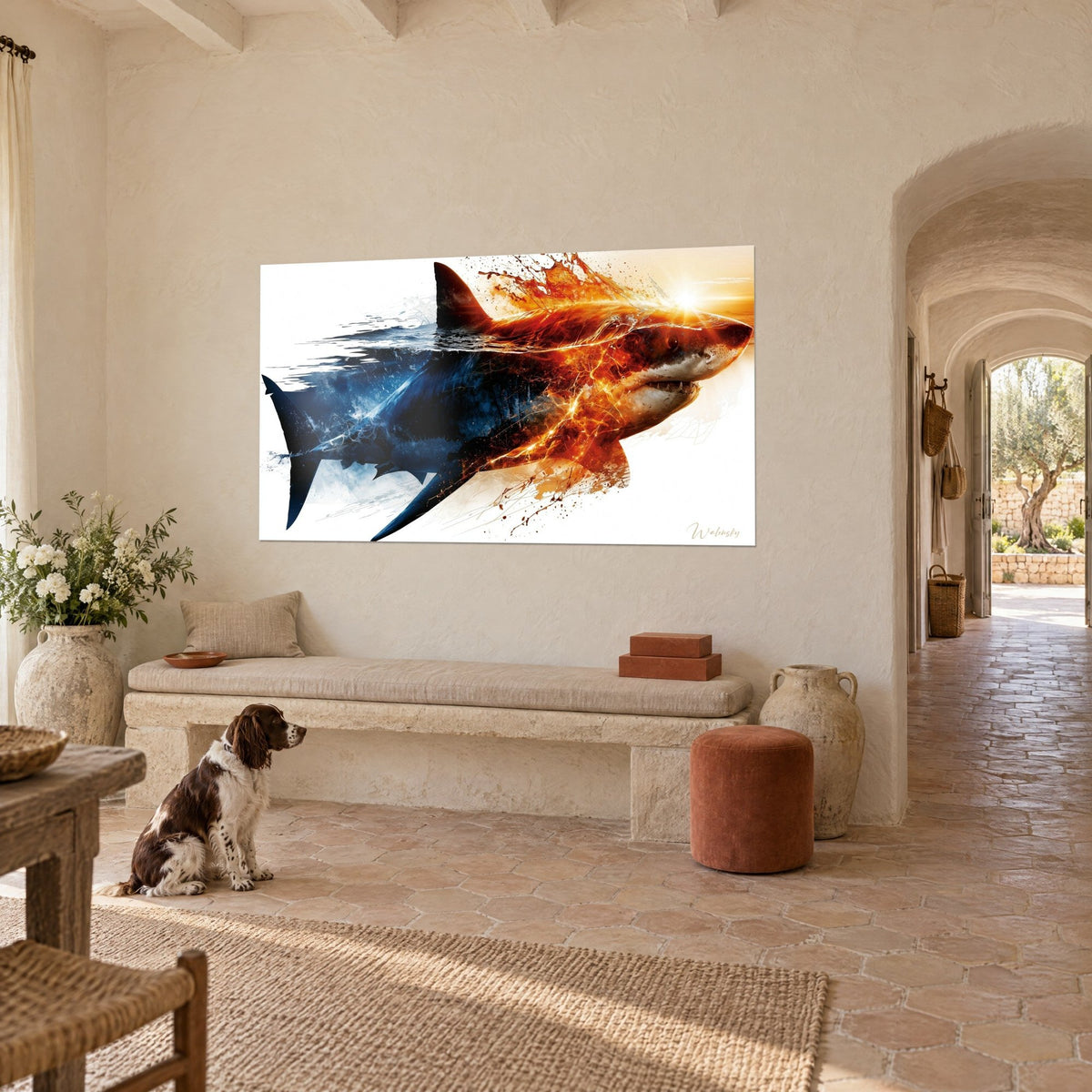 Tableau squale fendant l'eau, flancs bleu nuit et gueule orange ardent, sur un mur beige du mas, spaniel assis