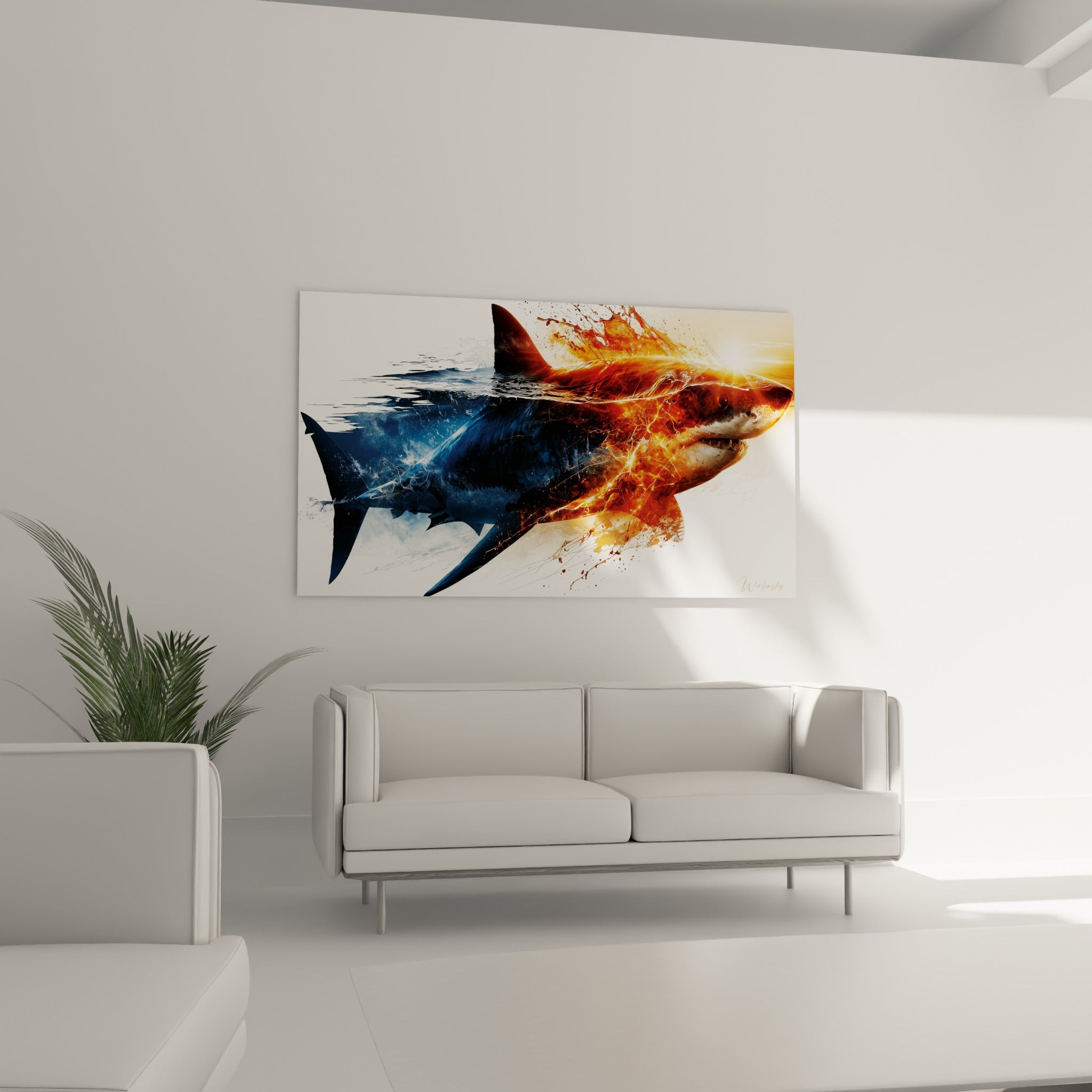 Museau du requin illuminé de reflets dorés et orangés au-dessus d'un canapé dans un salon lumineux.