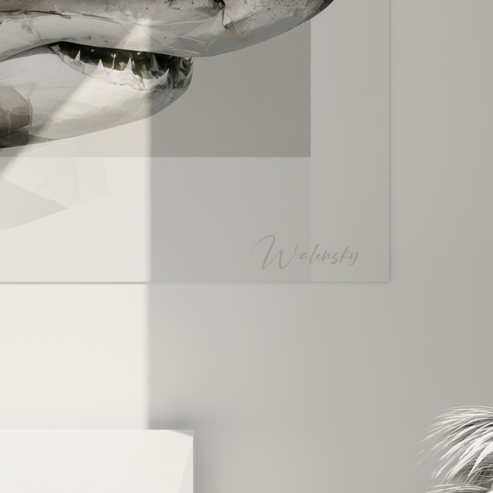 Museau du requin en gros plan, grain net entre les nuances grises, blanches et dorées de l'impression