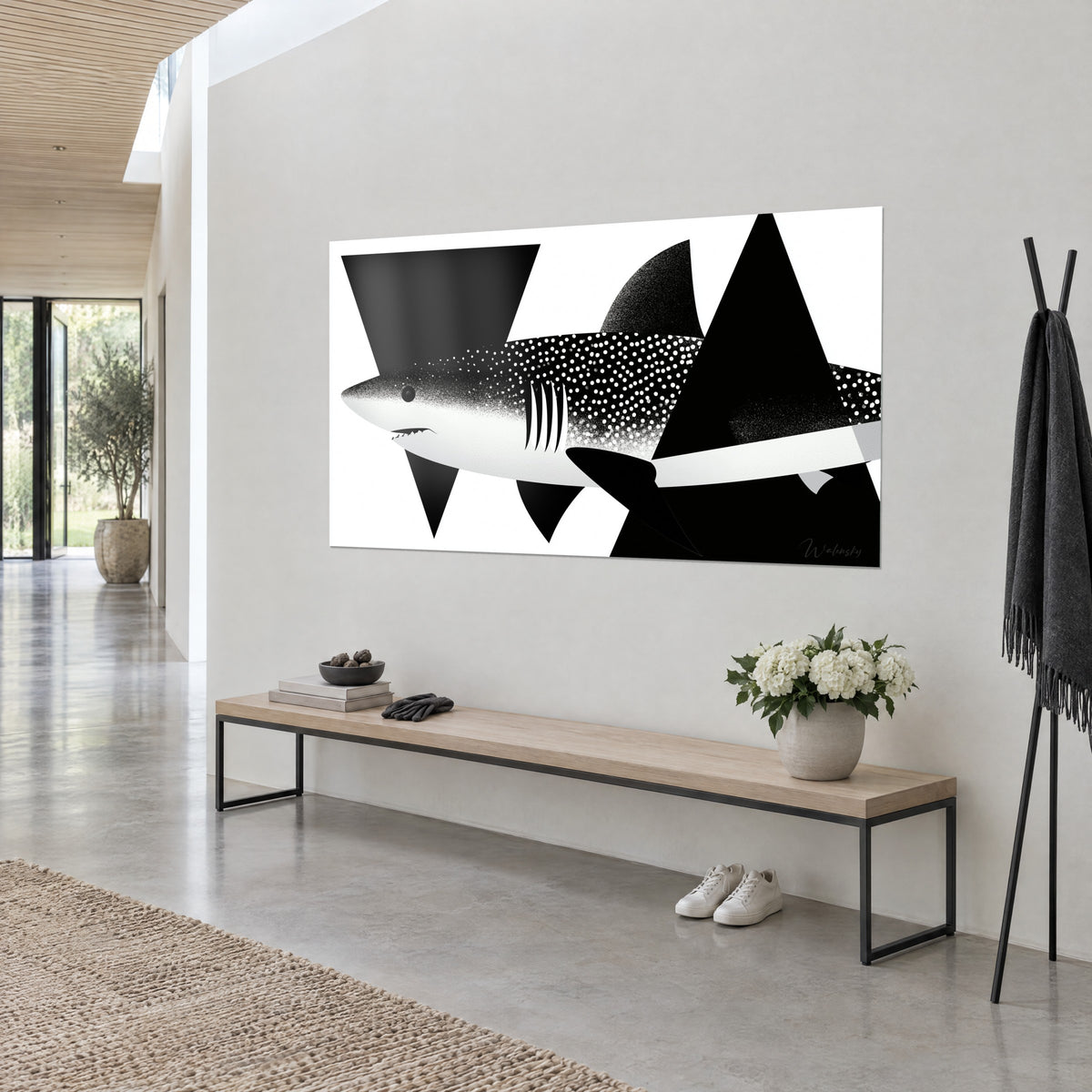 Tableau squale bicolore couvert de points blancs, nageoire dorsale grainée de gris, vu de trois-quarts sur un mur beige clair
