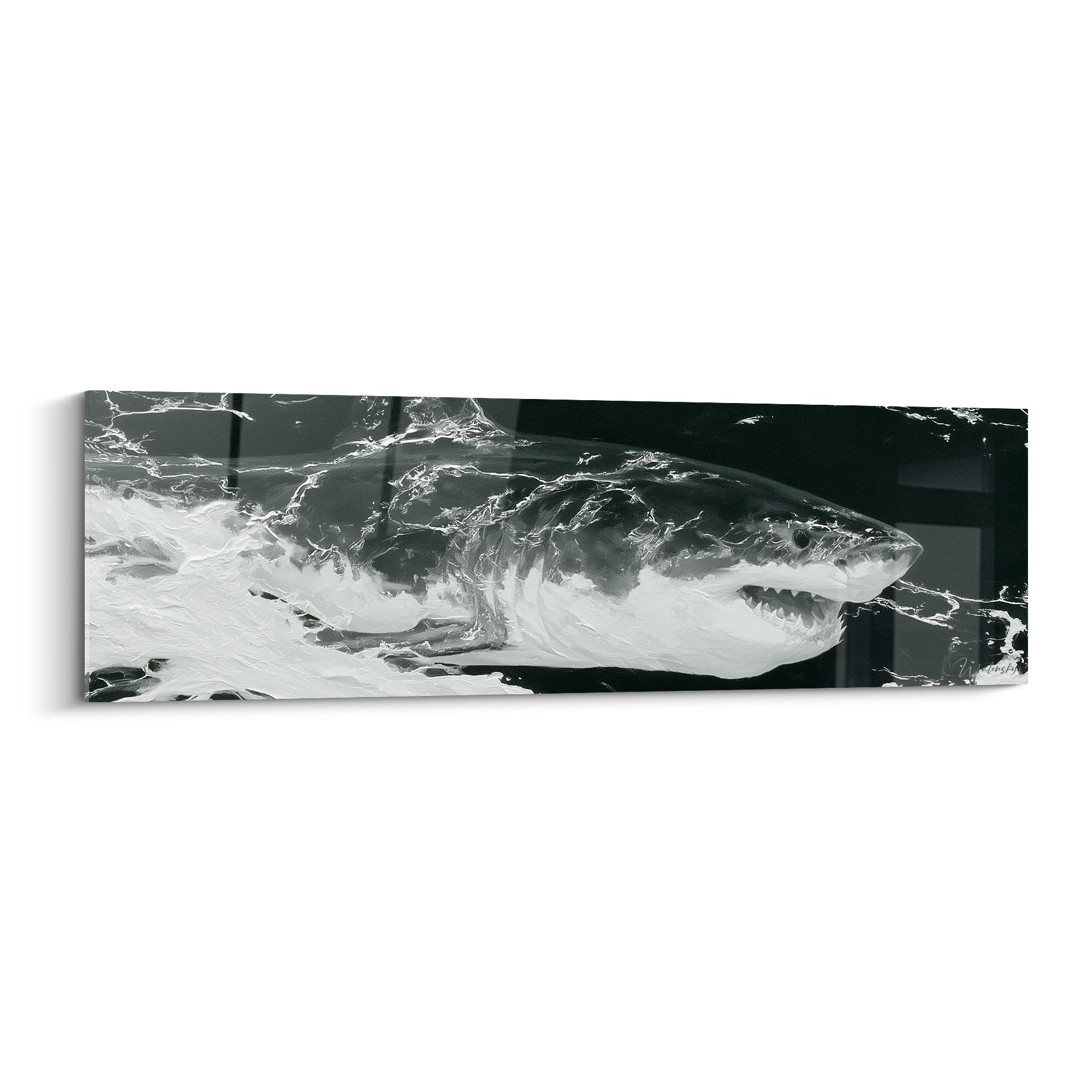 Requin blanc et noir surgissant de l'écume, gueule entrouverte, texture empâtée intense