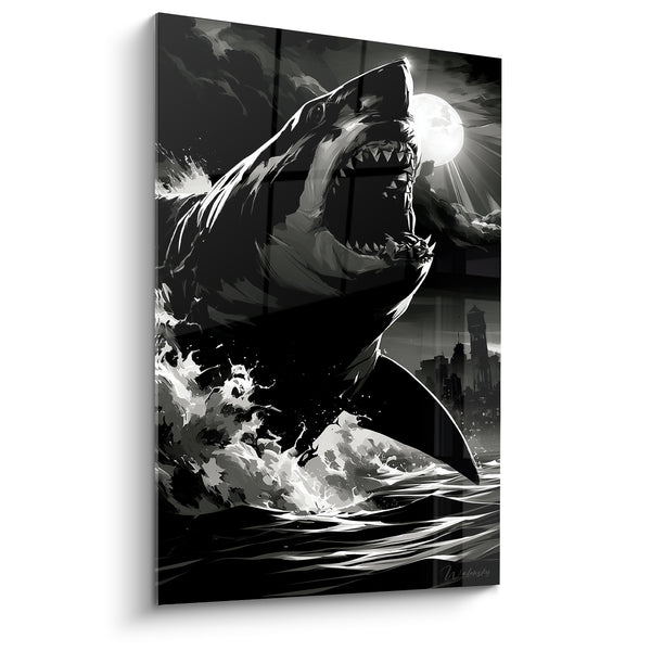 Tableau Requin bondissant noir et blanc sous la lune - Surgissement nocturne - Edition Requin