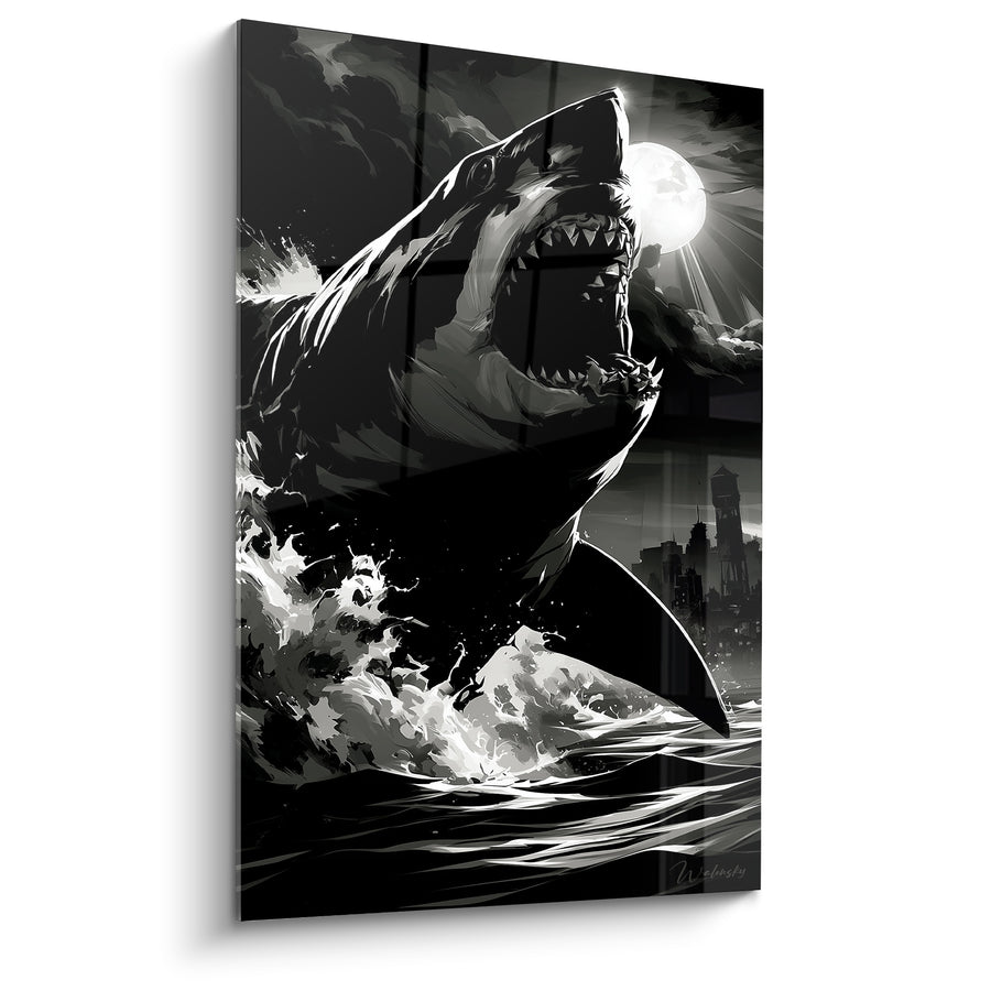 Tableau Requin bondissant noir et blanc sous la lune - Surgissement nocturne - Edition Requin