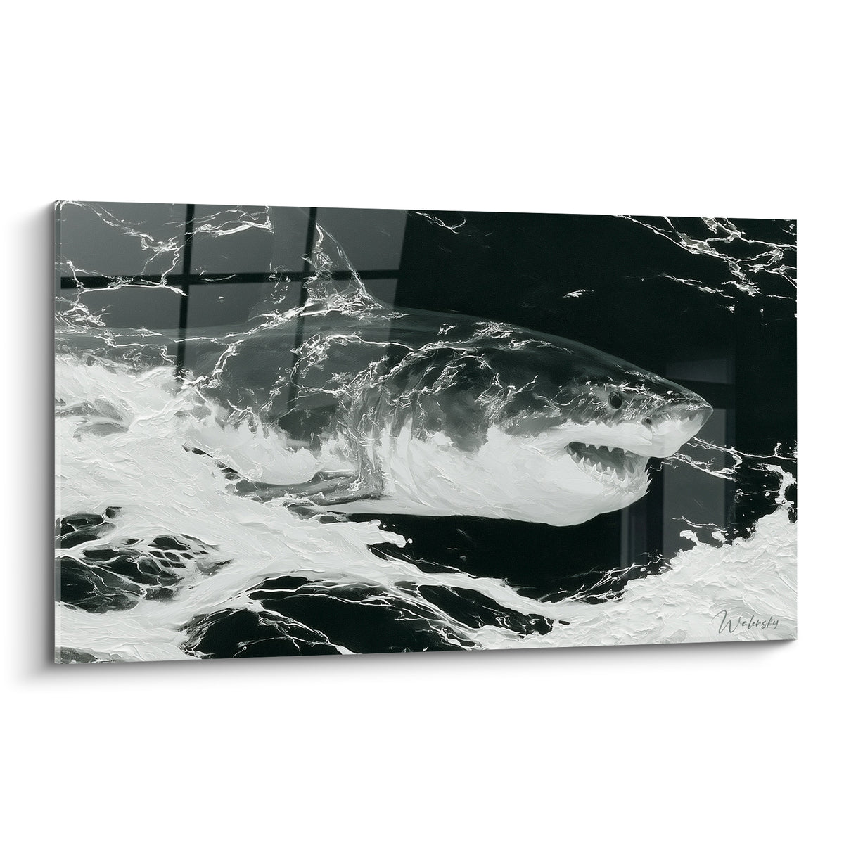 Requin blanc et noir, gueule ouverte, empâtements épais dans une écume tourbillonnante