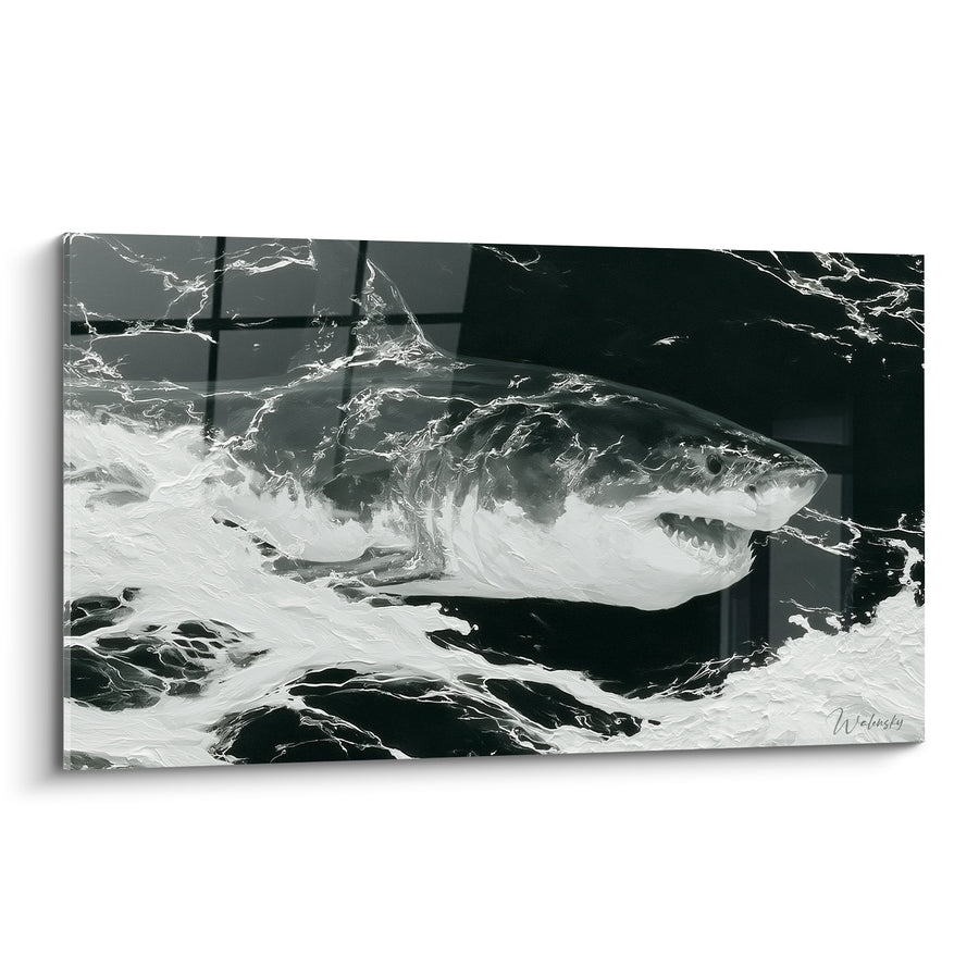 Tableau Requin noir et blanc aux mâchoires ouvertes - Surgissement abyssal - Edition Requin