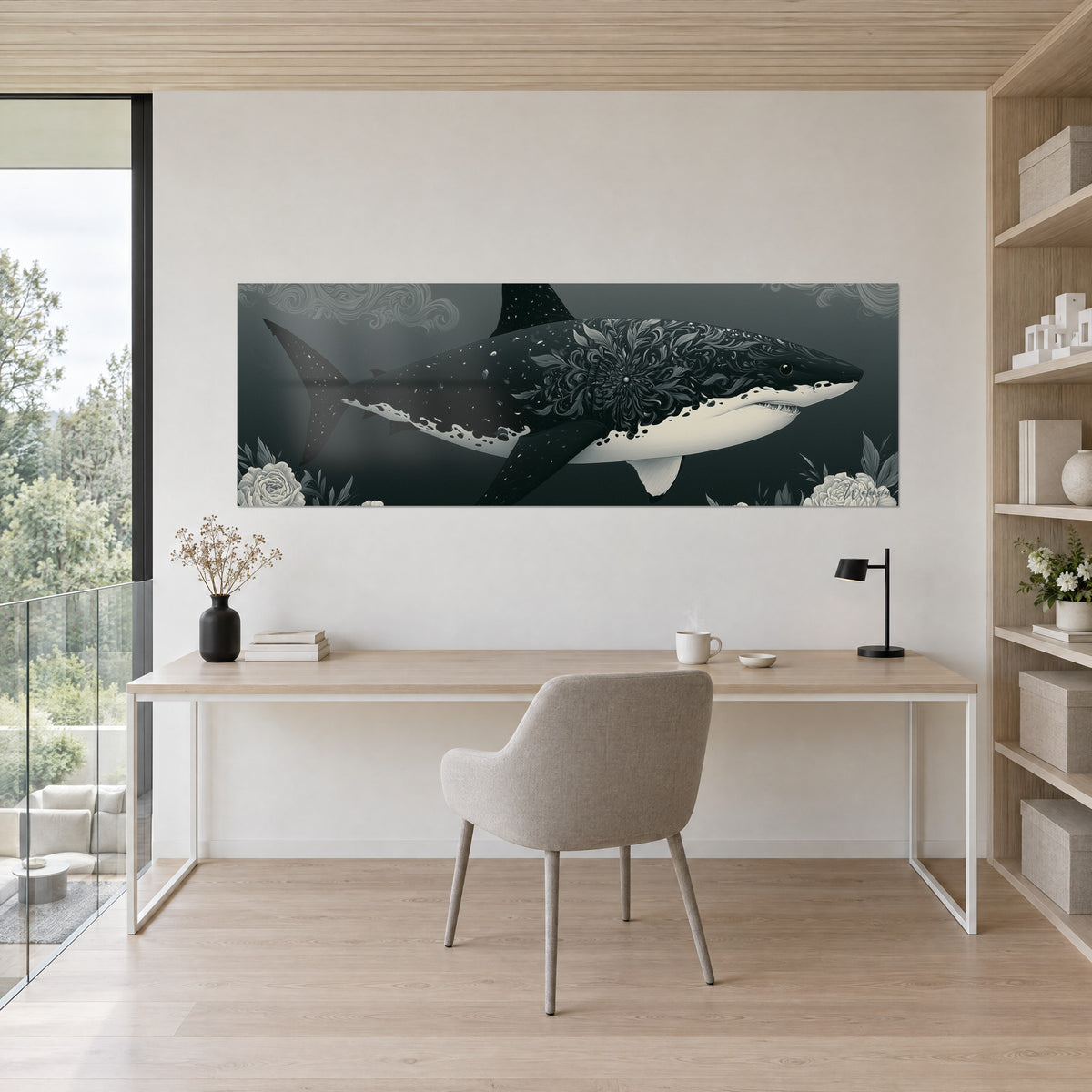 Tableau squale noir à la mandala de feuilles ciselée, pivoines ivoire dans les coins, bureau en bois clair et chaise grise