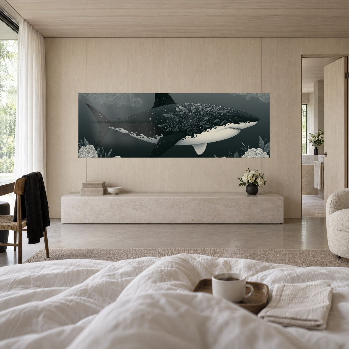 Tableau prédateur des abysses noir aux arabesques florales grises, ventre blanc cassé, au-dessus d'un lit dans une chambre claire