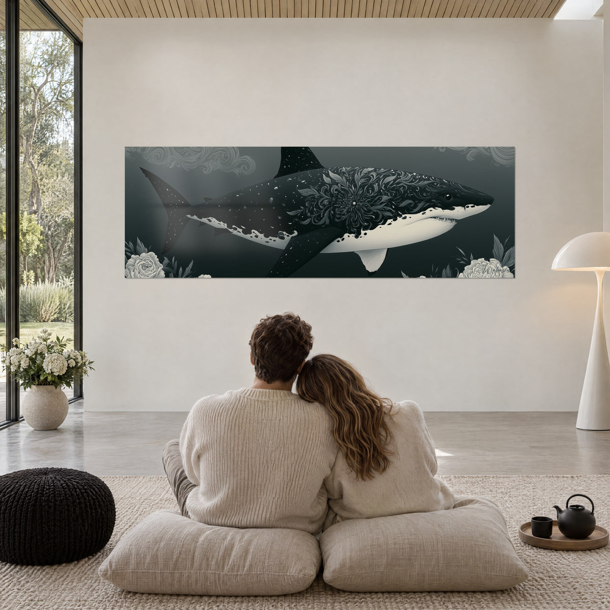 Tableau requin ténébreux aux ornements floraux gris clair, ventre ivoire, couple enlacé de dos sur des coussins, baie vitrée boisée