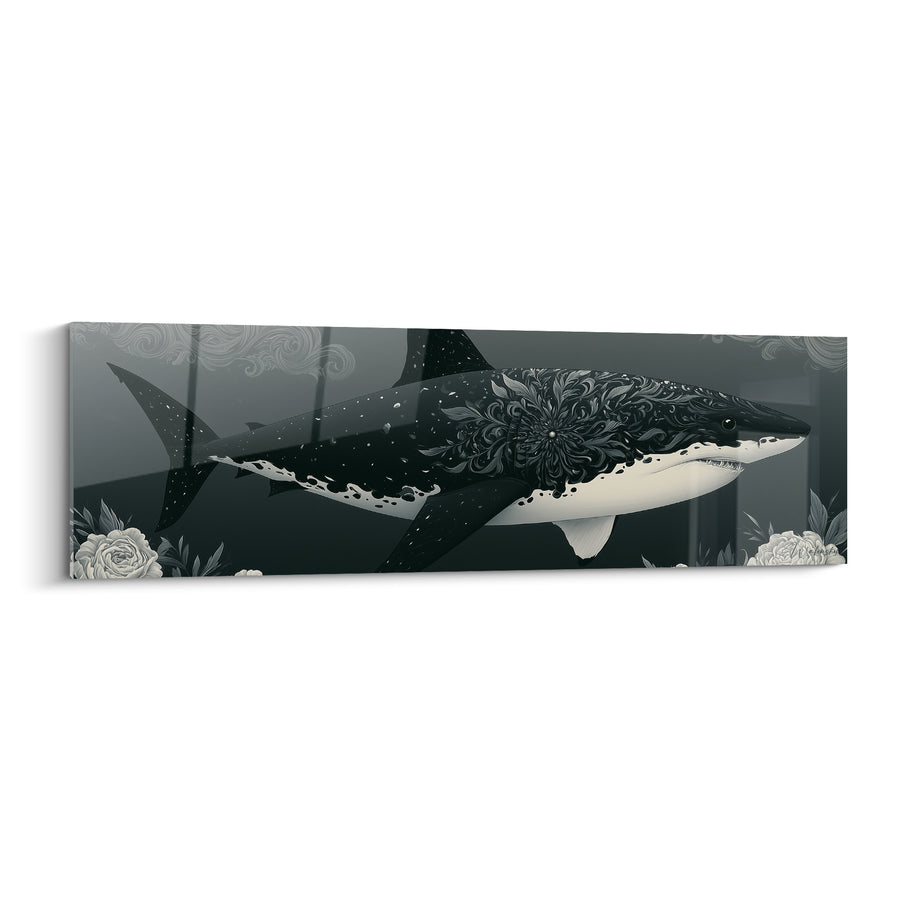 Tableau Requin noir aux motifs floraux gravés - Mystère des profondeurs - Edition Requin