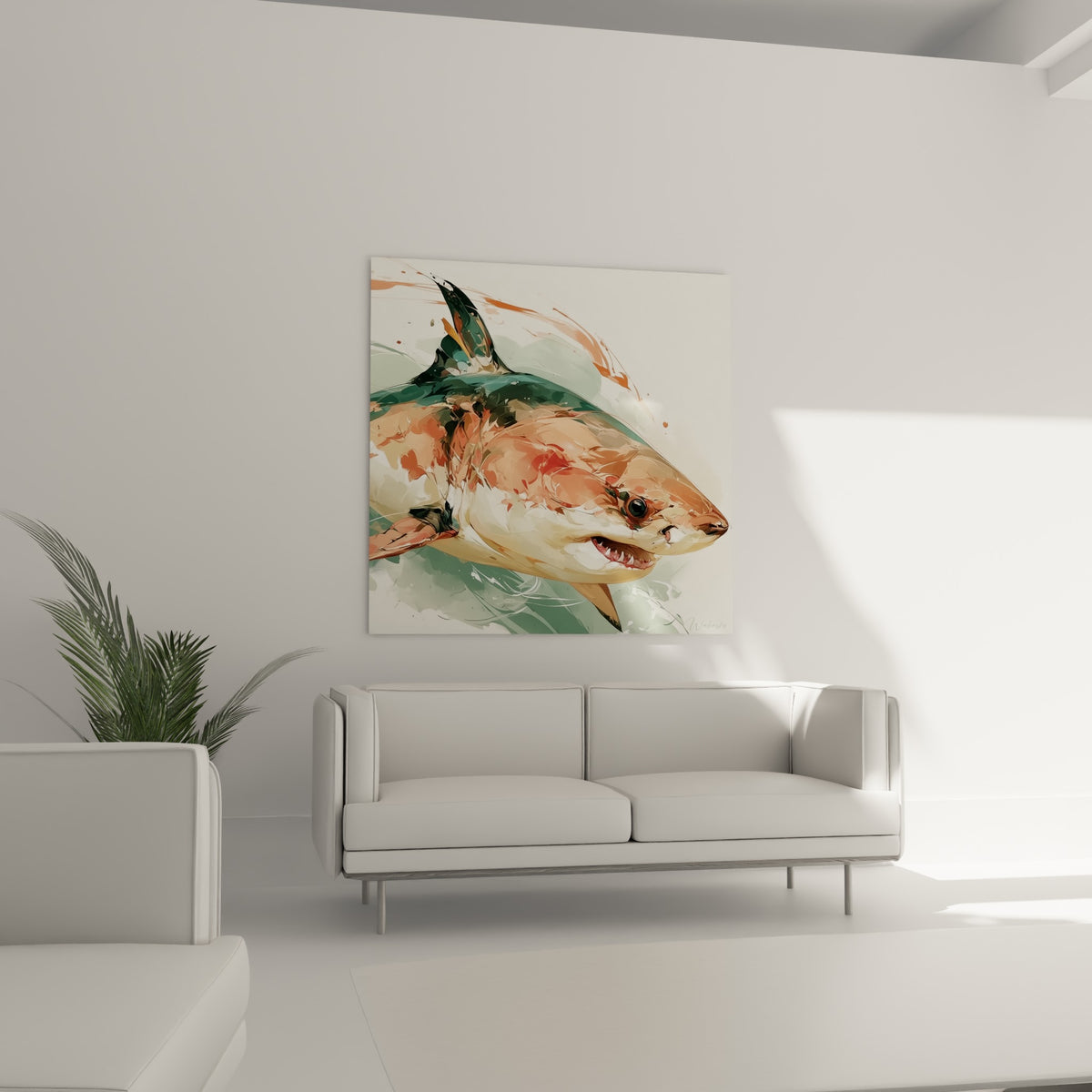 Profil du requin corail et blanc cassé, œil noir perçant, au-dessus d'un canapé dans un salon lumineux