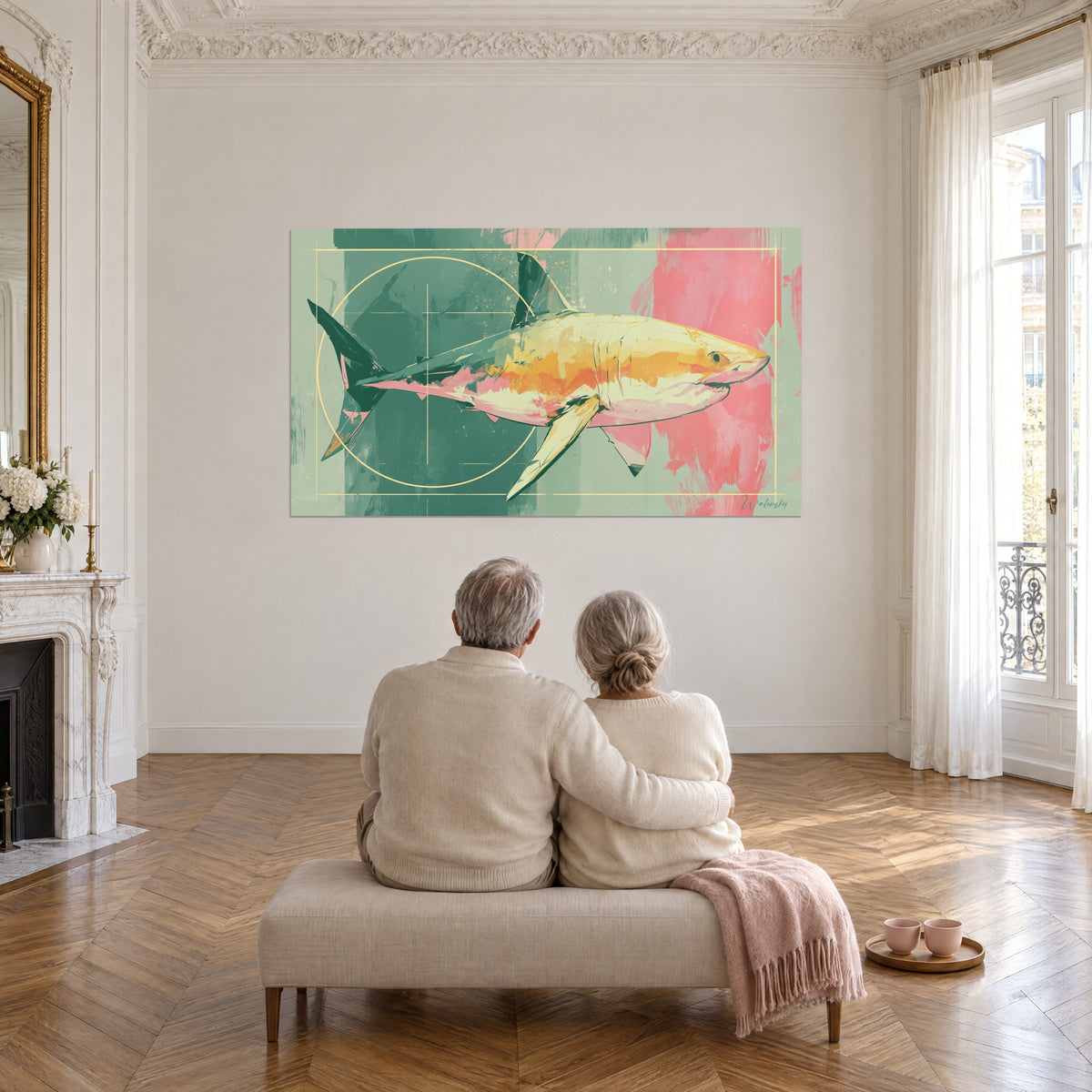Tableau requin stylisé ocre, vert sauge et corail, contemplé par un couple de dos assis sur une banquette, salon haussmannien