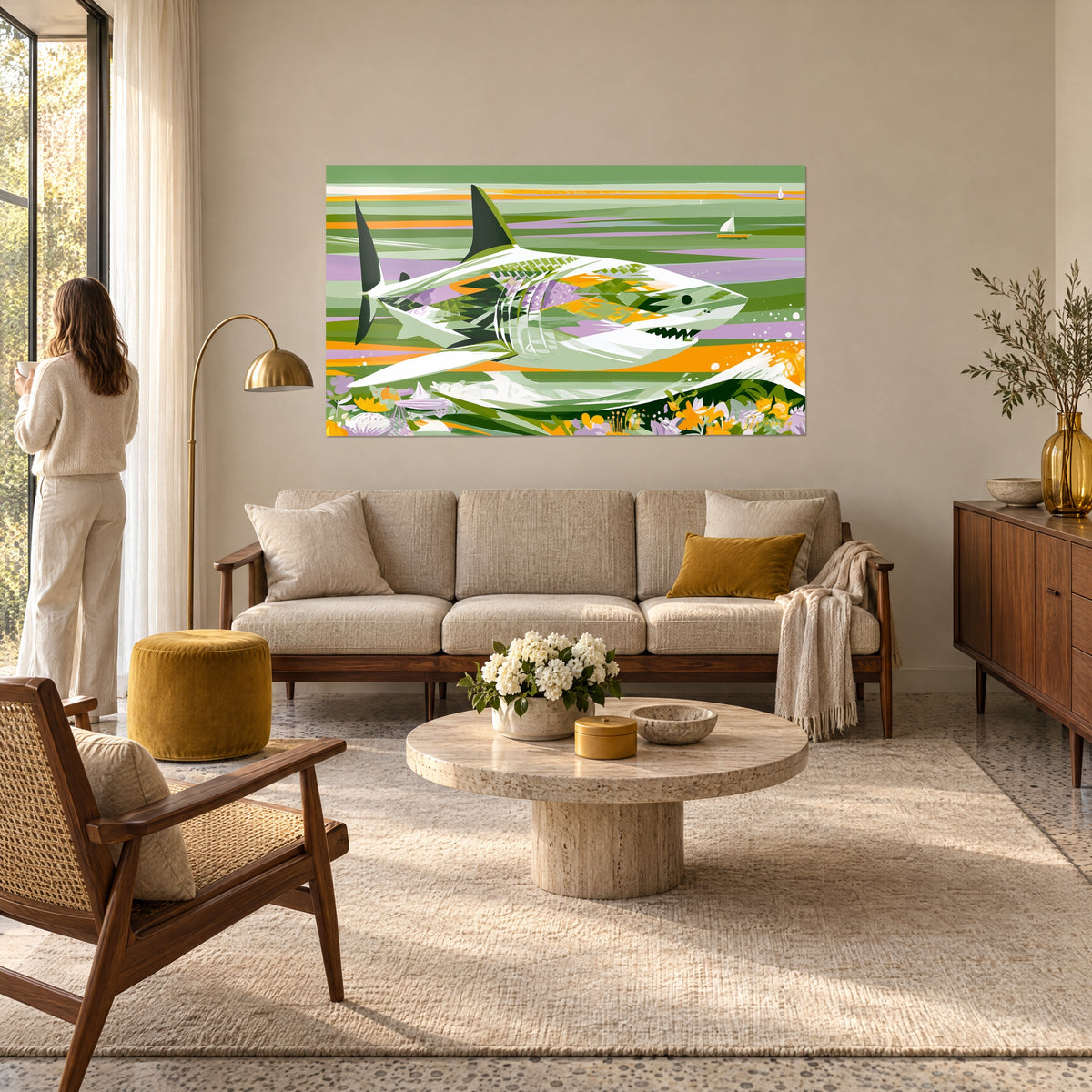 Tableau requin blanc géométrique sur fond vert sauge et orange, fleurs jaunes au premier plan, au-dessus d'un canapé dans un salon lumineux