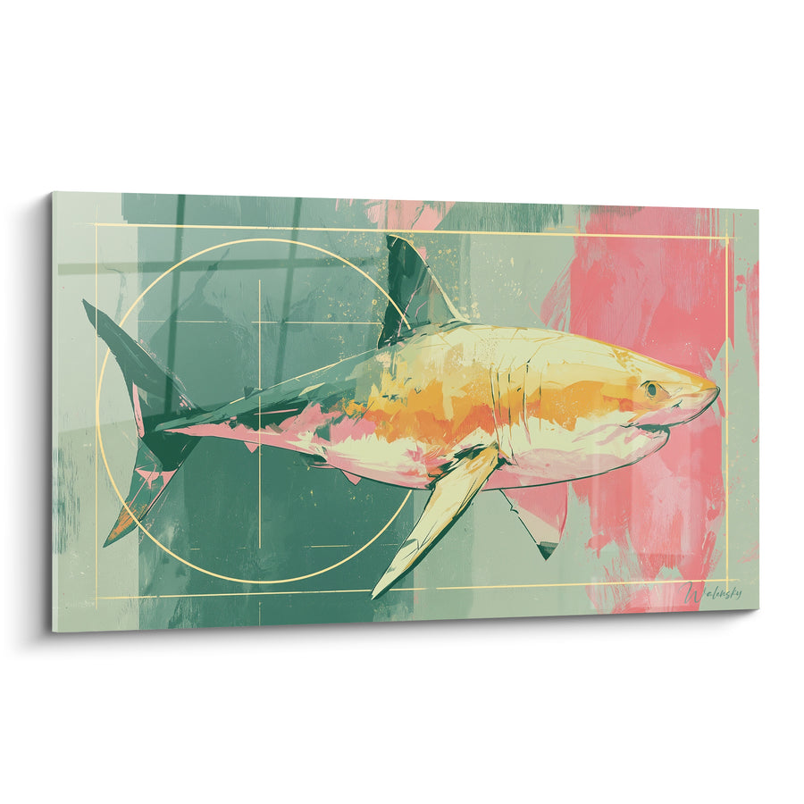 Tableau Requin ocre aux touches vert sauge et corail - Étude marine dorée - Edition Requin