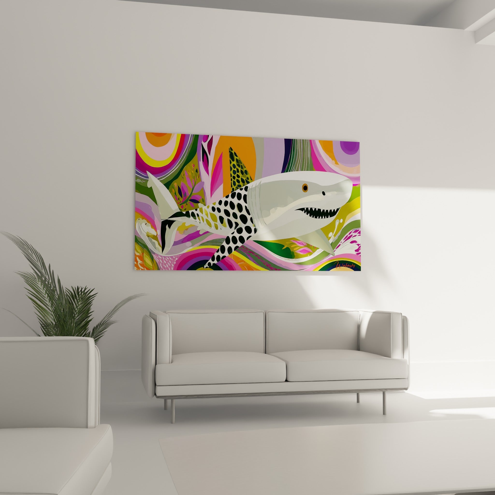 Prédateur marin coloré entouré de feuillages roses et verts au-dessus d'un canapé dans un salon lumineux