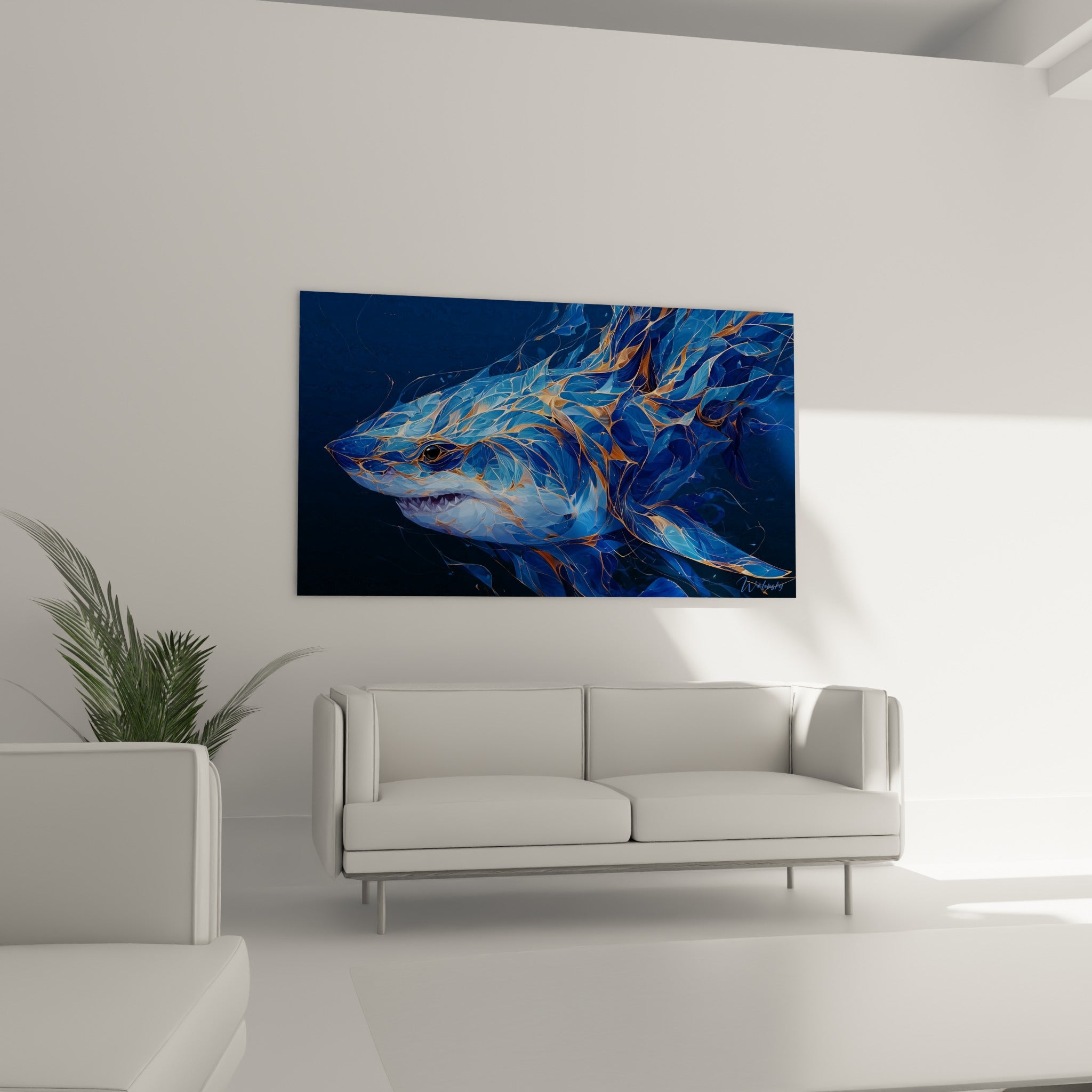 Œil sombre d'un requin bleu et doré fragmenté, suspendu au-dessus d'un canapé dans un salon lumineux