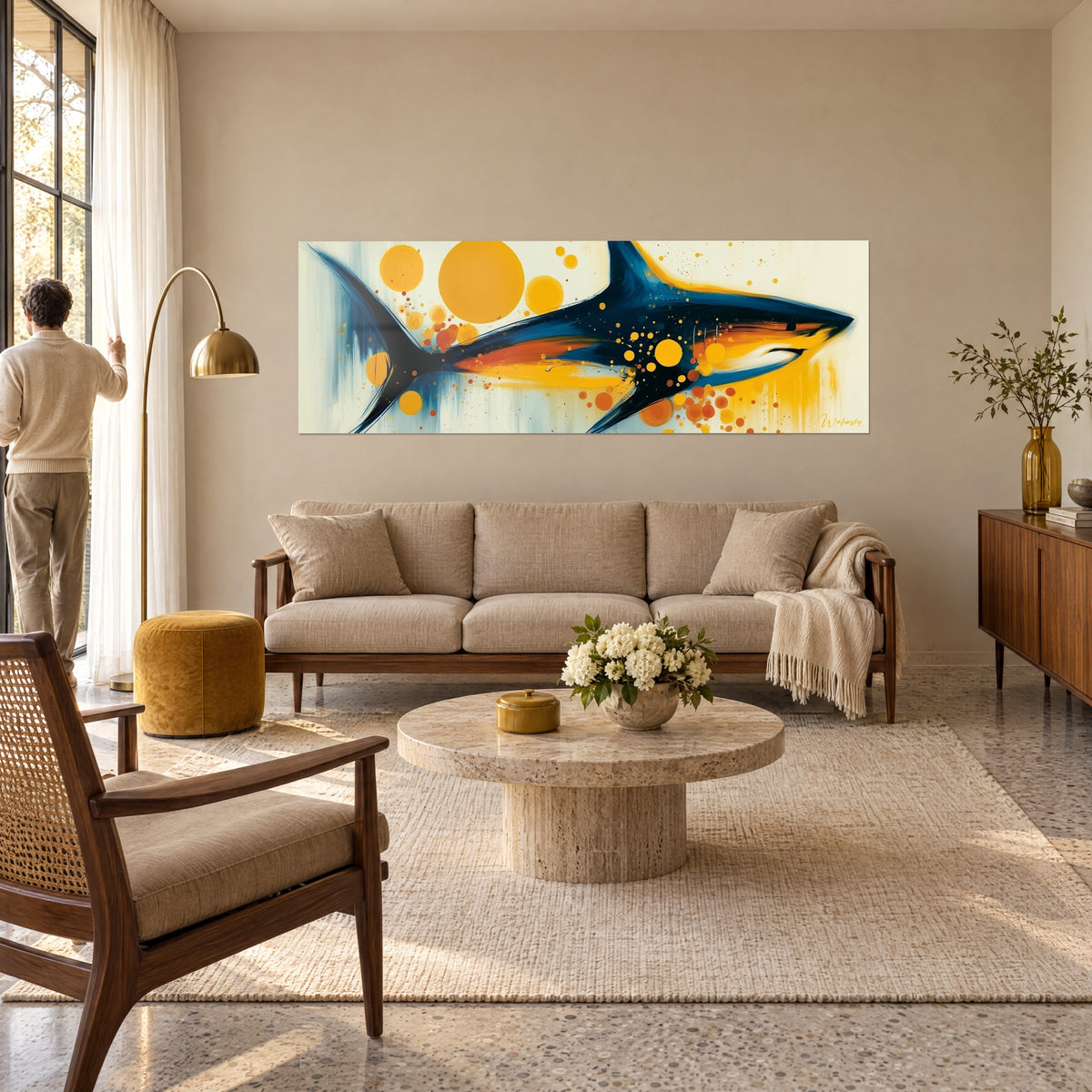 Cuadro de un tiburón marino en plena natación, aletas azul noche y vientre naranja, burbujas amarillo mostaza, encima de un sofá en un salón luminoso