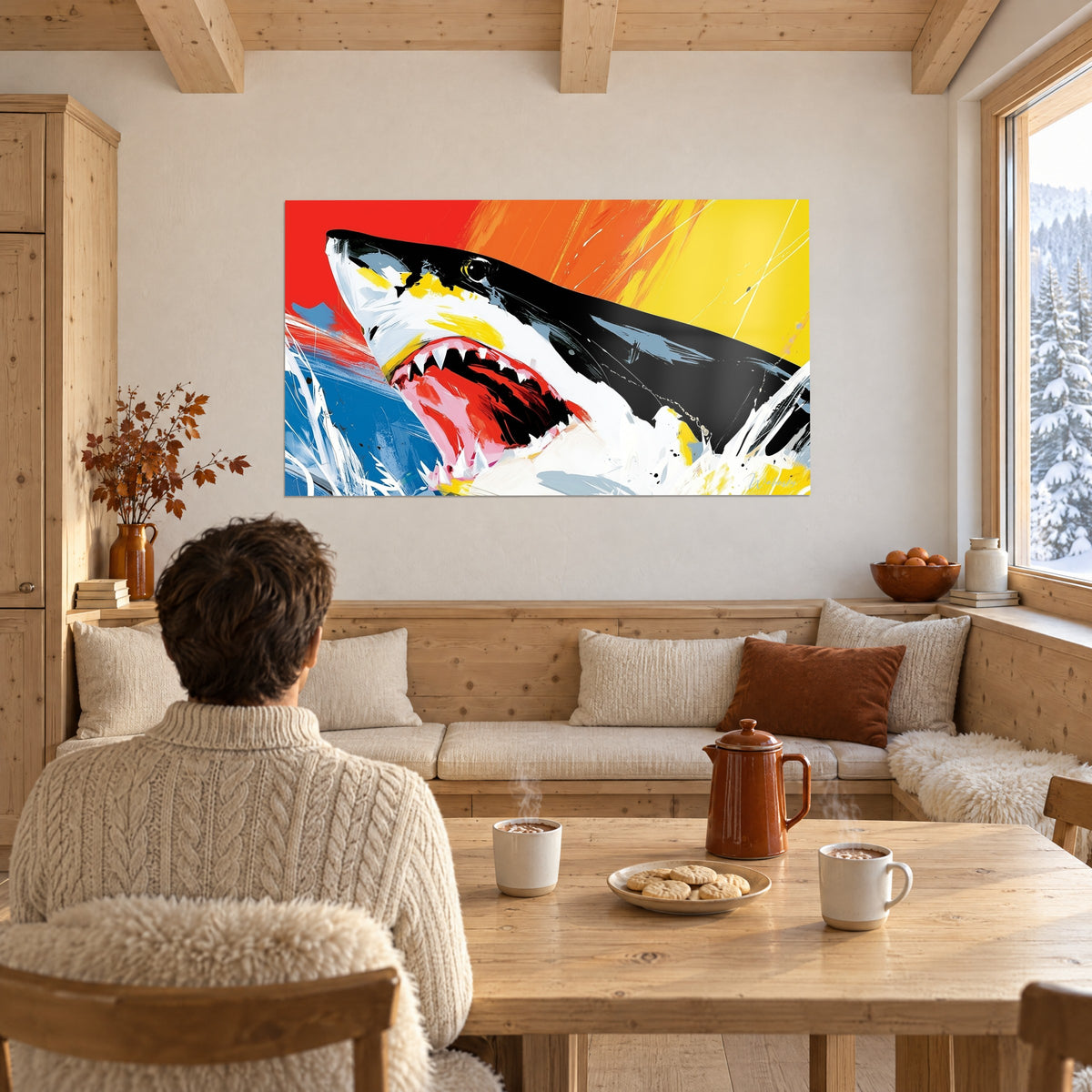 Schilderij springend zeeroofdier, roze en rode bek, witte spatten op blauwe en gele achtergrond, muur van een chalet in licht hout