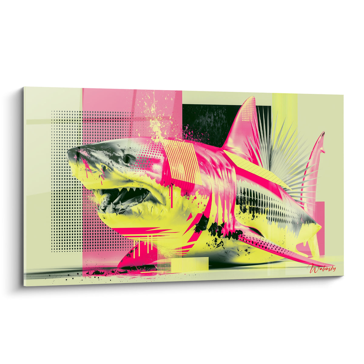 Requin gueule ouverte fragmenté en rose fuchsia et jaune sur fond vert pâle graphique