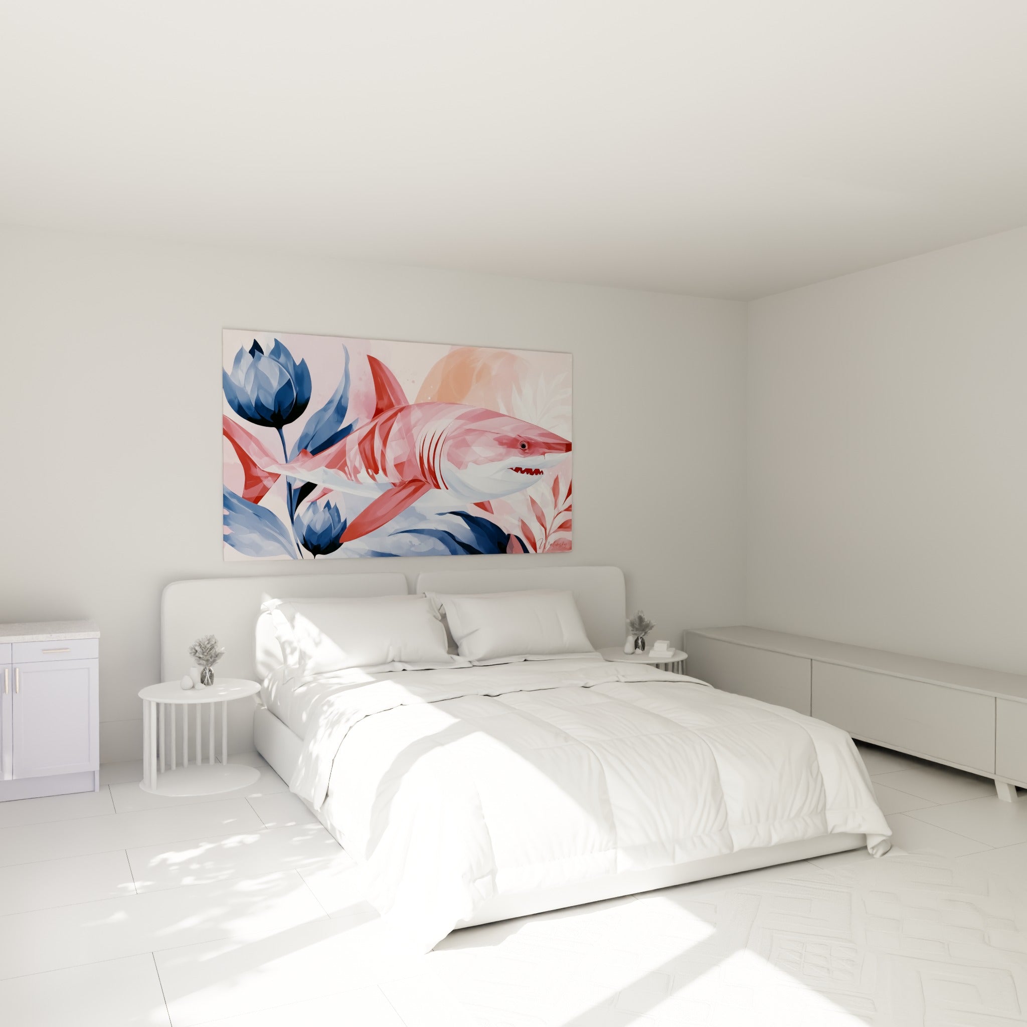 Requin rose pâle glissant parmi des fleurs bleu marine, au-dessus d'un lit dans une chambre claire