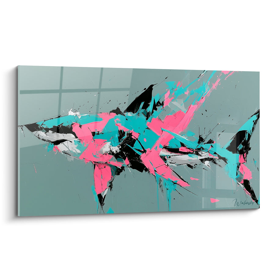 Tableau Requin rose et turquoise aux fragments explosifs - Éclats tranchants noirs - Edition Requin