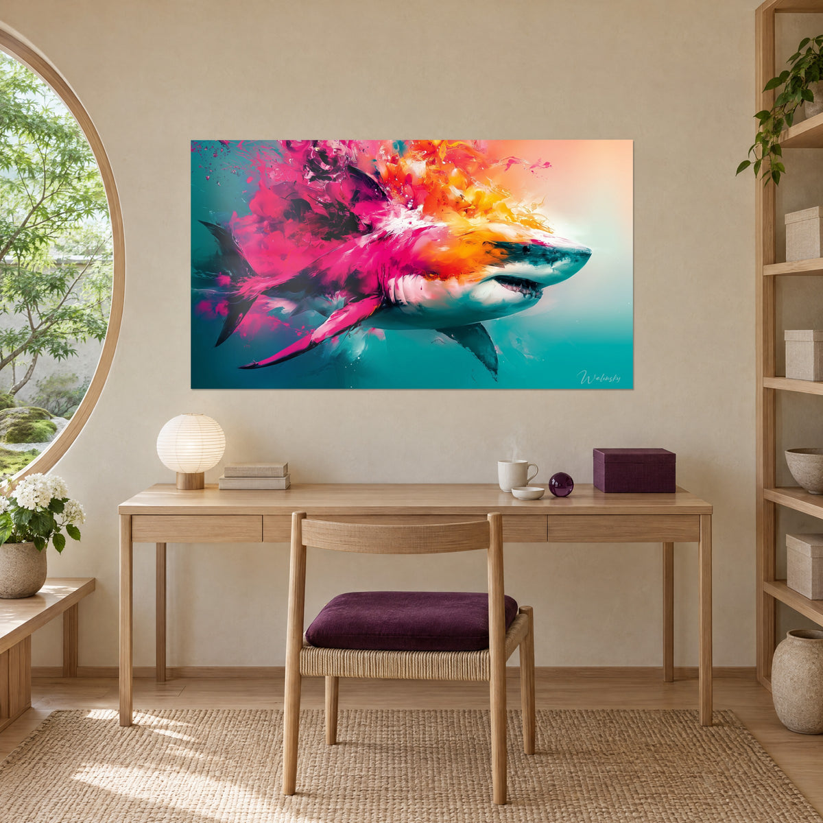 Wall art shark in a burst of neon pink, amber and yellow paint, blue-green background, above an oak desk and a round lamp