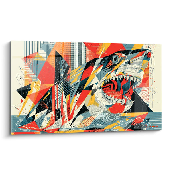 Tableau Requin gueule ouverte rouge et bleu géométrique - Fracas marin - Edition Requin