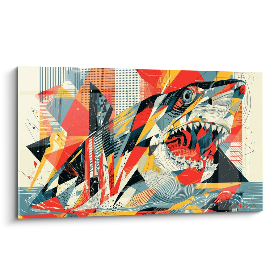 Tableau Requin gueule ouverte rouge et bleu géométrique - Fracas marin - Edition Requin