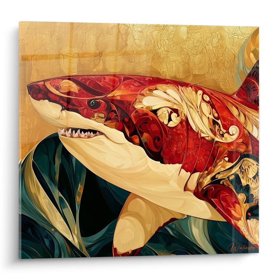 Tableau Requin ornemental rouge et doré baroque - Trésor des profondeurs - Edition Requin