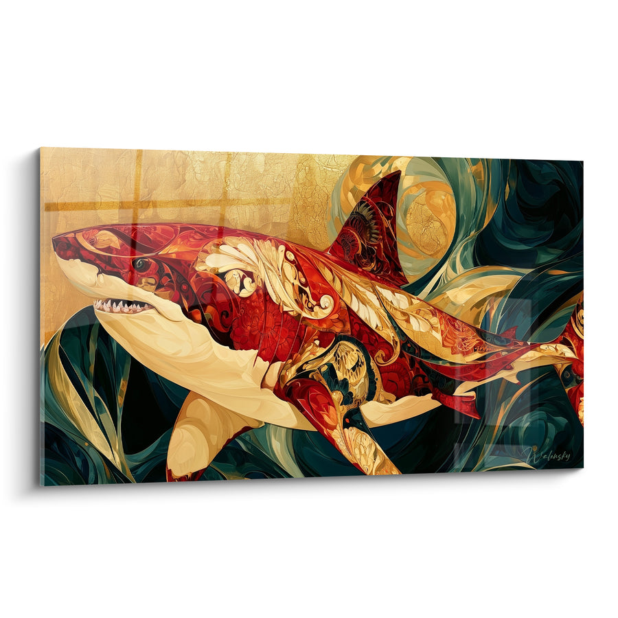 Tableau Requin ornemental rouge et doré - Splendeur des profondeurs - Edition Requin