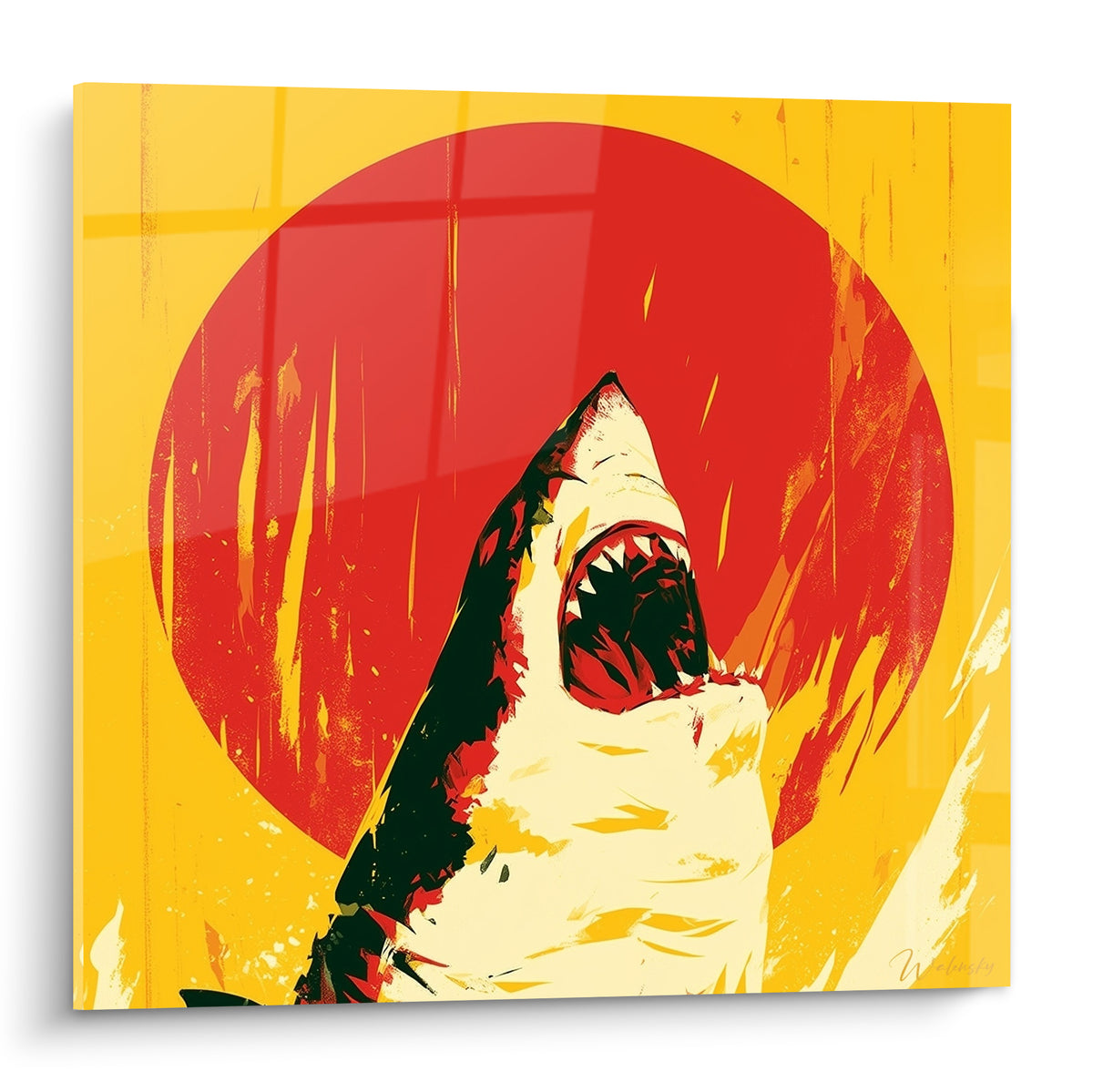Requin gueule ouverte, dents blanches, corps crème et noir devant un disque rouge sur fond jaune