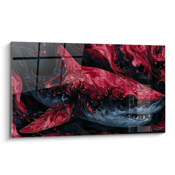 Tableau Requin rouge et noir aux volutes marbrées - Reflets vitrés écarlates - Edition Requin