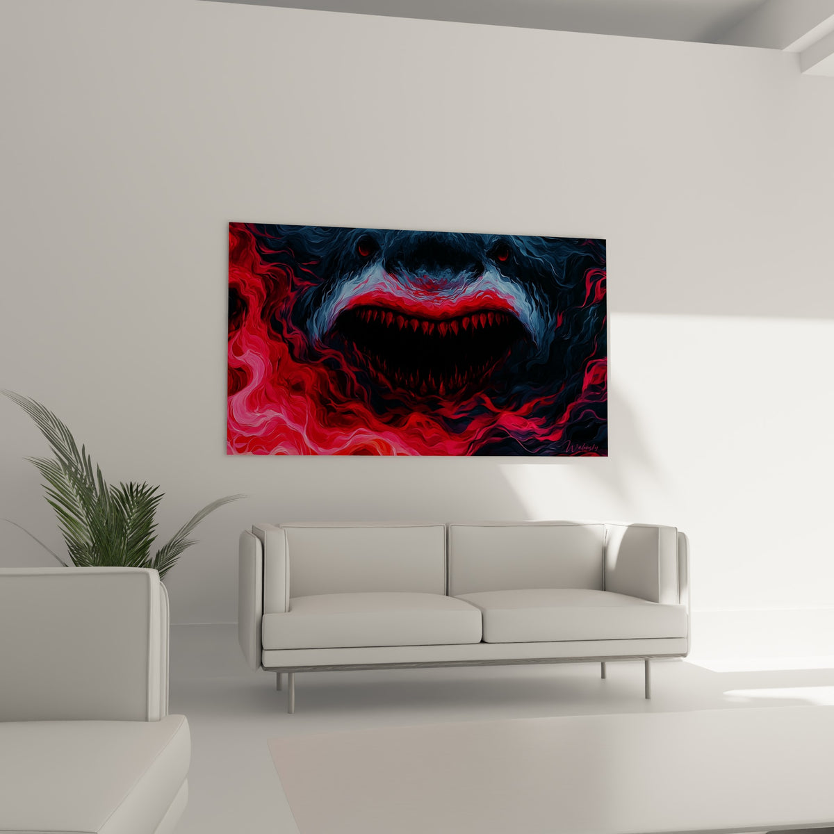Requin gris et rouge à la mâchoire menaçante, au-dessus d'un canapé dans un salon lumineux