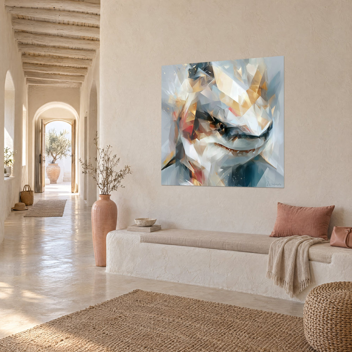 Schilderij haai met ivoren en okerkleurige facetten, zwart oog omringd door rood, op een witgekalkte muur aan het einde van een gewelfde gang