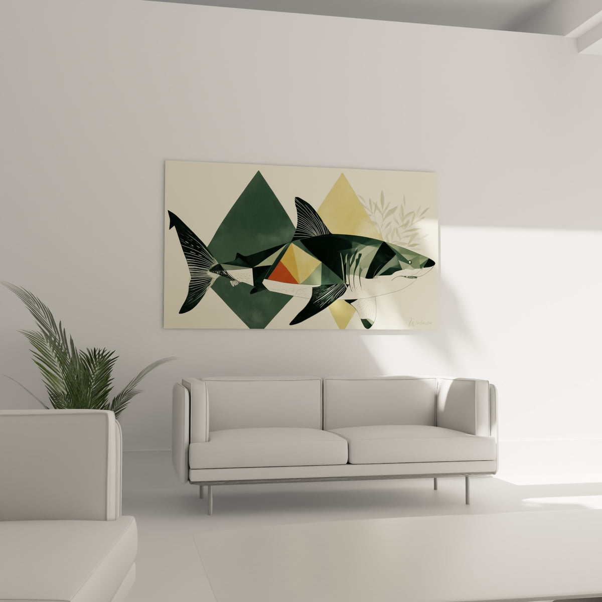 Profil du requin anthracite et terracotta, formes géométriques, au-dessus d'un canapé dans un salon lumineux