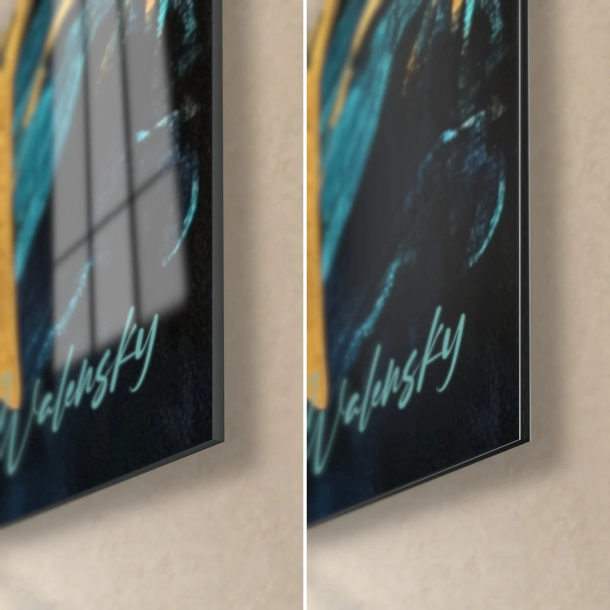 Schilderij haai met gouden reflecties, rechtsonder: glanzend acrylglas en mat geborsteld Dibond-aluminium, 3 mm rand, turquoise handtekening