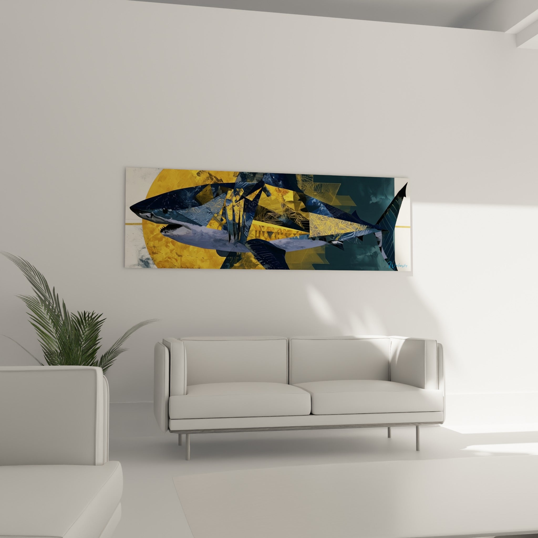 Prédateur marin aux teintes ocre et bleu nuit disposé au-dessus d'un canapé dans un salon lumineux