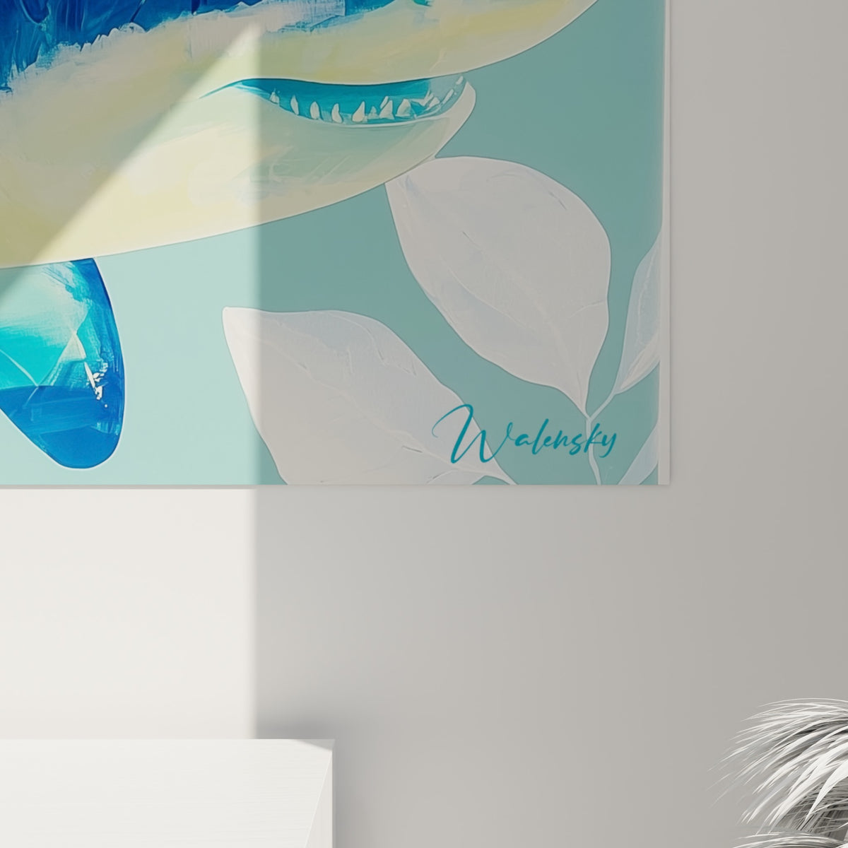 Détail des facettes bleu marine et blanches du requin révélant le grain et la texture de l'impression