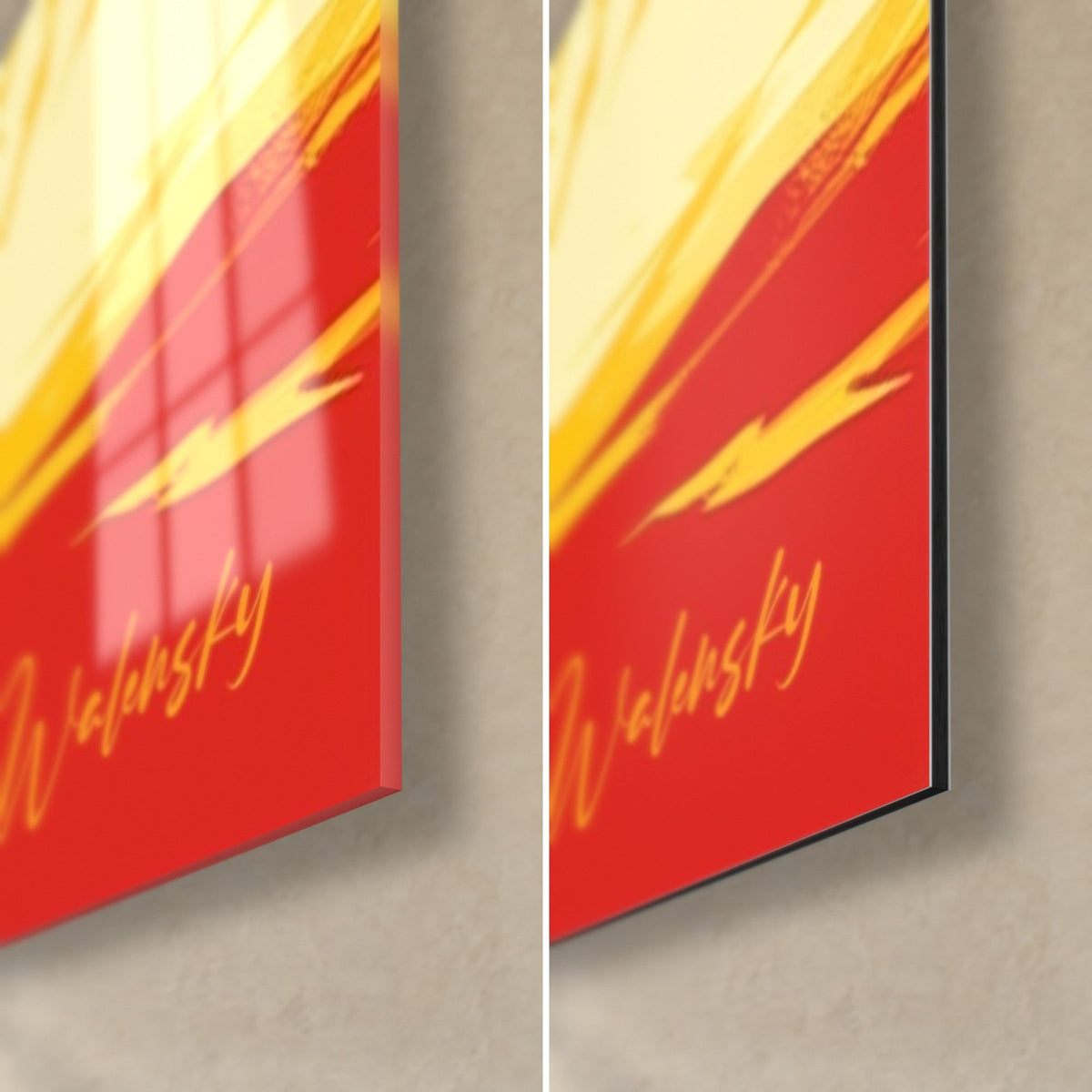 Grafisches Haibild, untere rechte Ecke: glänzendes Glas mit Spiegelungen links, mattes rotes Dibond rechts, gelbe Signatur