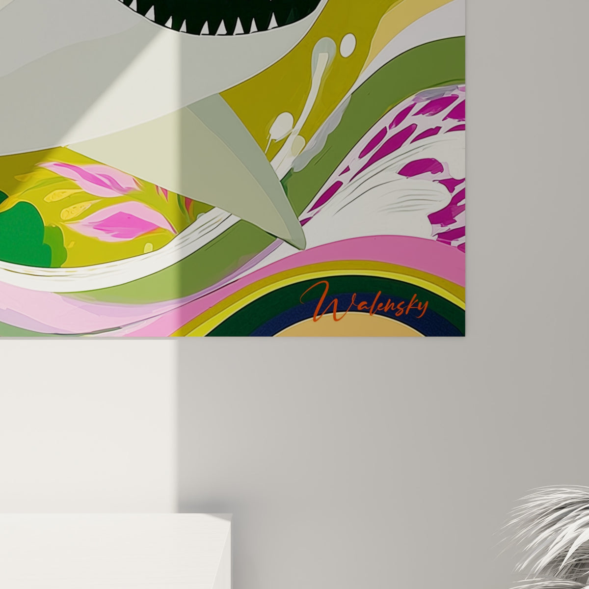 Détail rapproché montrant l'œil doré du requin et les aplats denses de rose, orange et vert olive