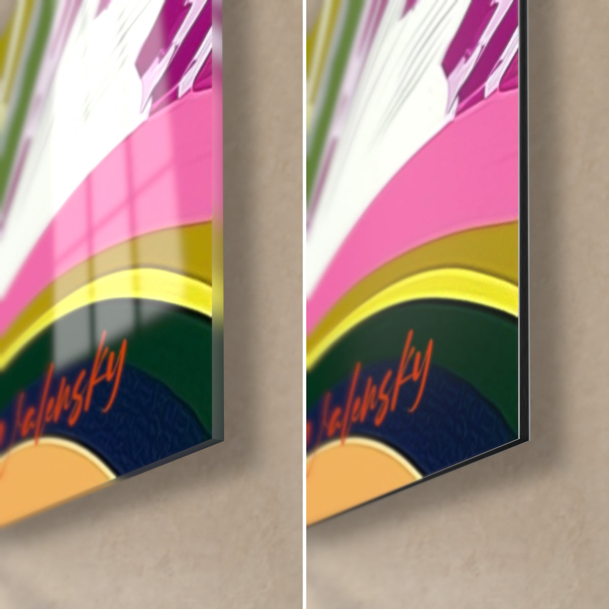 Tableau requin et signature orangée, coin bas droit : verre acrylique brillant rose et jaune, Dibond mat, tranche 3 mm