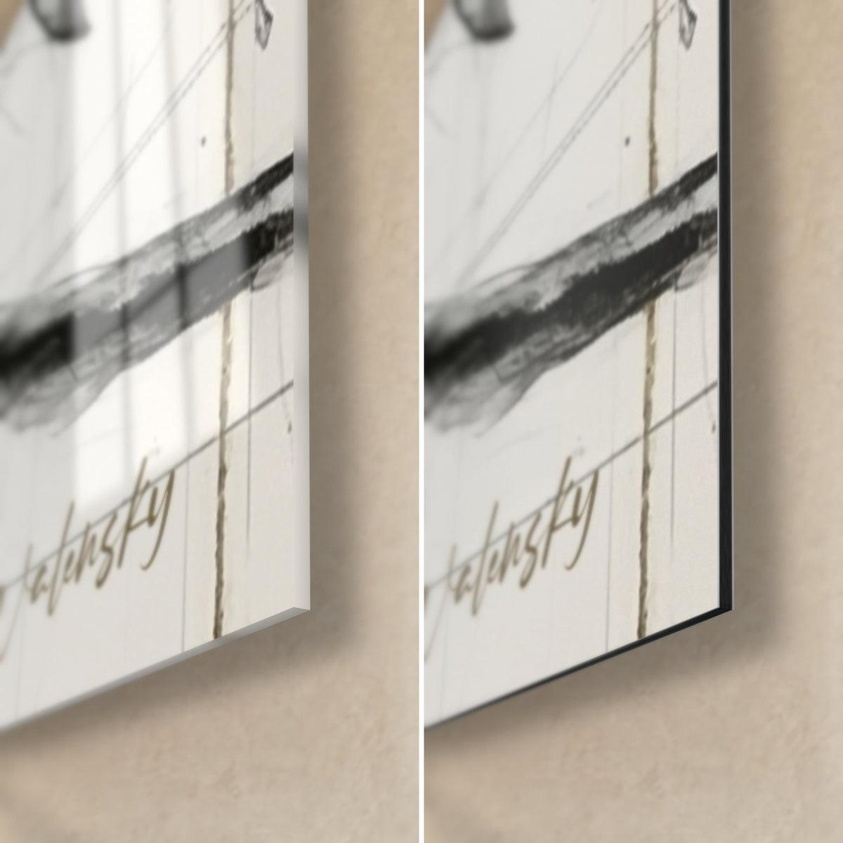 Cuadro tiburón dibujado con carboncillo negro, firma dorada Walensky, esquina inferior derecha en cristal acrílico brillante y Dibond gris mate, canto fino de 3 mm