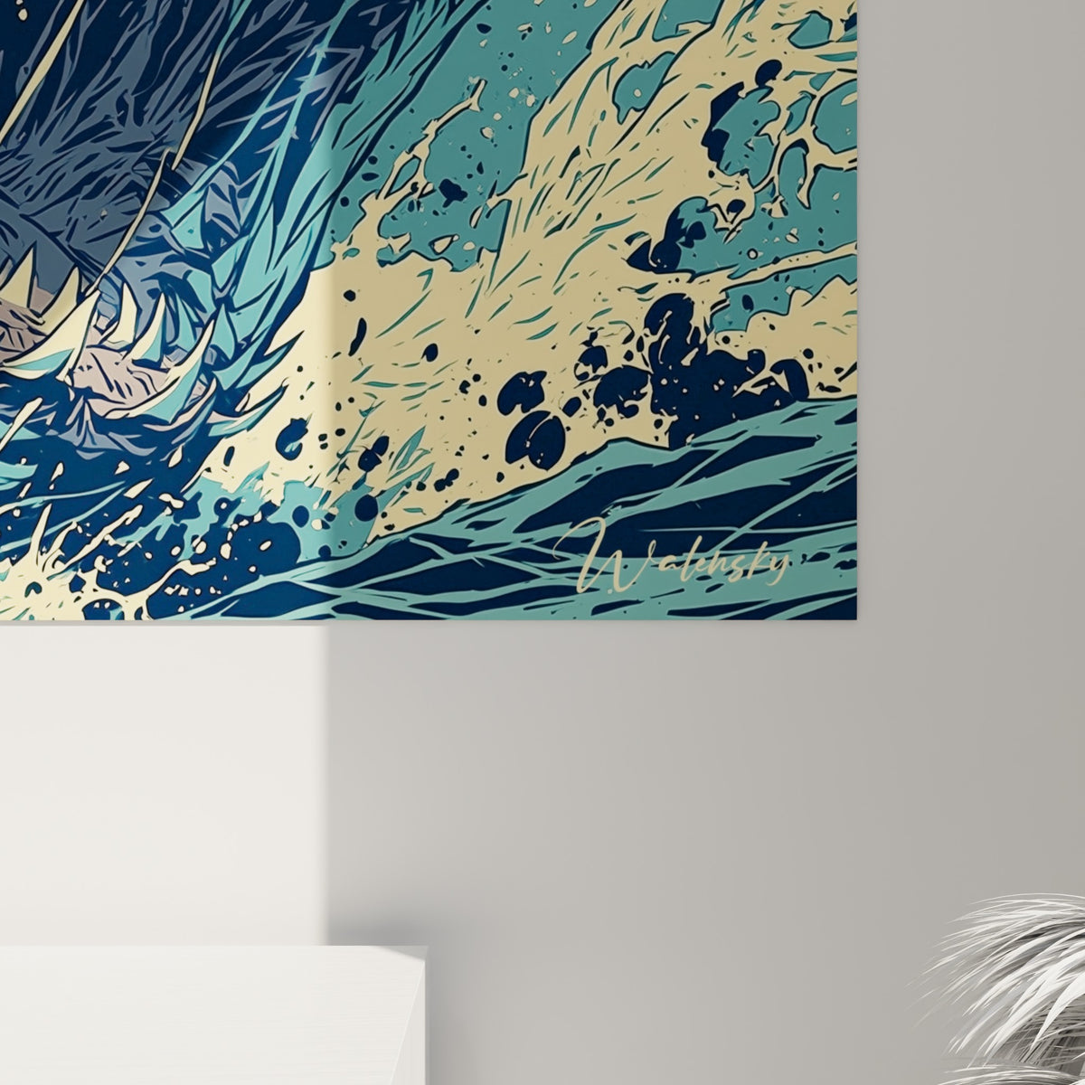 Empâtements crème et traits nerveux turquoise dessinant les dents et l'éclaboussure sur la toile